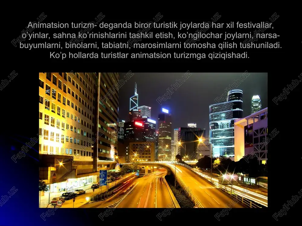mlasidandir. animatsion turizmga yana nastalgik turizmni, safari turizmini kiritishimiz mumkin.nastalgik (etnik) turizm — qadimgi yashash joylariga sayohatlar bo‘lib, unda qadimda odamlar yashagan yerlarga u yerdagi aholi madaniyati va alohida etnik guruh hayot sharoitini o'rganish uchun uyushtiriladi. safari tur qo'riqxonalarga hayvonlar tomosha qilish uchun sayr, ovchilik, baliq ovi maqsadidagi sayohat, fotoovchilikdir. keniya yoki jar qo'riqxonalariga sayr, tabiatda ajoyib hayvonlami erkin holda ko'rish maqsadidagi sayrlar bularga misol. tabiat qo'yniga yoki qo'riqxonadagi e’tiborga loyiq yerlarga jip mashinalarida jip- safari ga kelsak, sayohat davomida turistlar o'tirgan jiplardan tashqari kuzatuvchi mashinalar kalonnasi ham bo'lib, ular oziq-ovqatlar, palatkalar, yoqilg'i va shu kabilar bilan yuklanadi. turizm dasturiga nafaqat mahalliy joylarni qo'rish, balki tog'li hududda avtomobil boshqarish, to'siqlarni yengib o'tish, lager hayotiga o'rganish, favqulotda vaziyatlarda yashab keta olish kabilar kiritiladi. animatsion turizm bizning mamlakatimizda ancha rivojlanib bormoqda. bunga misol, bizning tarixiy obidalarimizdir. bizning bu ko’rkam, boshqa yerda uchramaydigan, ko’hna binolarimiz ko’pgina turistlarni lol qoldirgan. ko'ngilocharlik turizmi dasturlari ma’lum …