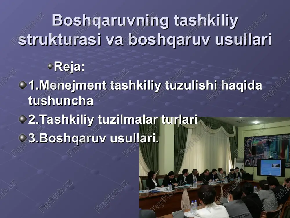 imini afzalliklari: tashkiliy tizimdagi bo’lim va bosqichlar soni kam bo’ladi; yakkaboshchilik prinsipida boshqariladi; nazorat qat’iy bo’ladi; shaxsiy javobgarlik hissi yuqori bo’ladi; bir-biriga zid topshiriqlar berilmaydi. salbiy tomonlari: bunday tizimda faqatgina barqaror masalalar hal etilishi mumkin; rahbarni tezkor masalalarni hal etish uchun imkoniyati chegaralangan bo’ladi; rasmiyatchilik nisbatan ko’proq bo’ladi. boshqarishning chiziqli-shtabli strukturasida ixtisoslashgan guruh rahbarga qaror qabul qilishda ko’maklashish uchun tashkil etiladi. bu struktura murakkab muammolarni bartaraf etish uchun o’z dasturini ishlab chiqib, rahbarga tavsiya etadilar. rahbar bu tavsiya asosida o’z qarorini qabul qiladi. bu strukturasining afzalligi: qabul qilingan qarorlar yuqori samara keltiradi. kamchiligi: chiziqli boshqarishning yakkaboshchilik prinsipi buziladi. funksional strukturada boshqaruv apparati ixtisoslashgan funksional bo’limlardan tashkil topadi va har bir yo’nalishdagi qarorni mustaqil amalga oshiradi. sof holatda funksional struktura uchramaydi. chiziqli-funksional strukturaning ijobiy tomonlari: 1) boshqaruv faoliyatining ixtisoslashuvi mutaxassislarni yuqori darajada malakali bo’lishini ta’minlaydi; 2) funksional rahbarlar boshqarish samaradorligini yuqoriroq bo’lishiga erishiladi; 3) boshqaruv qarorlarini takrorlanishi kamayadi. salbiy tomonlari: 1) …