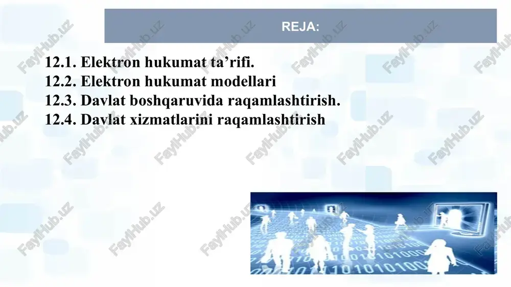 atilgan tashkiliy-huquqiy chora-tadbirlar va texnik vositalar tizimi o’zbekistonda elektron hukumat rivojlanish bosqichlari 2002 2007 2013 2015 2017 2014 3 bosqich davlat organilaring buznes jarayonlarini reinjineering qilish 2-bosqich elektron katalog va axborot xizmatlari 2020 4 bosqich interaktiv operatsiya xizmatlarini ko'rsatma 2005 1-bosqich malumotni internetda nashr etish * “elektron hukumat” tizimi arxitekturasi elektron hukumat vazifalari elektron hukumat munosabat shakllari www.egovernment.uz davlat va fuqaro o‘zaro bog‘langan faoliyati rejim 24/7/365; qiziqishlarni qo‘llab quvvatlovchi tizim; iqtisod davlat va biznes o‘zaro bog‘langan faoliyati o‘zaro kelishilgan shartlar; autsorsing davlat boshqaruvining turli tarmoqlarinng o‘zaro bog‘langan faoliyati akt bilan ishlashda xodimlarni motivatsiya qilish davlat va davlat xzmatchilari o‘zaro bog‘langan faoliyati xodimlar malakasini oshirish g2c government to citizen g2b government to business g2g government to government g2e government to employees * davlat biznesga xizmatlari (g2b) biznesni boshlash litsenziyalar va ruxsatnomalarni ro'yxatdan o'tkazish soliq va statistik hisobotlarni taqdim etish elektron to'lovlar hukumat organlari o’rtasidagi aloqalar (g2g) elektron hujjat aylanishi xodimlarni boshqarish …