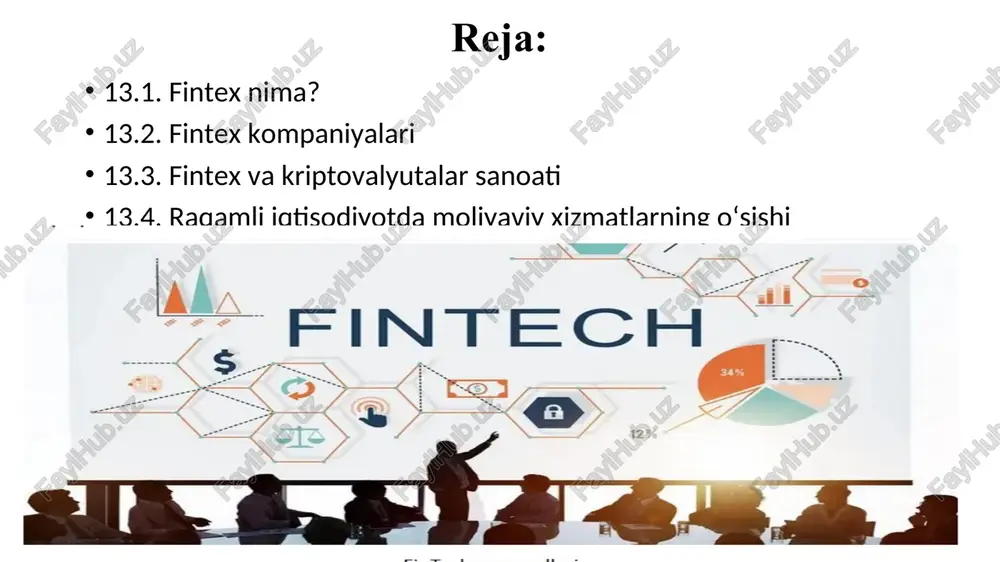 bular: 1) mavjud moliyaviy kompaniyalarga texnik yechimlarni taqdim etuvchi startaplar; 2) moliyaviy xizmatlar iste'molchilari bilan ishlaydigan startaplar. fintex kompaniyalarni 12 ta asosiy guruhga bo'lish mumkin 1. blokcheyn: yuzlab fintech startaplari allaqachon blokcheynlardan pul ishlashni taklif qilmoqda. 2. kriptovalyutalar: kriptovalyutalar sohasidagi fintech startaplari kriptovalyuta birjalari, almashinuvchilar, tog'-kon kompaniyalari, sarmoya va 1co platformalarini o'z ichiga oladi. 3. shaxsiy moliyani boshqarish: 600 dan ortiq startaplar shaxsiy mablag‘lar harakatini kuzatish, bashoratli tahlillar asosida kelajakdagi xarajatlar haqida batafsil hisobot va taxminlarni olish imkonini beruvchi mobil va ish stoli ilovalarini joriy qildi. bu yo‘nalishni partiyalar va davlat idoralari ham chetlab o‘tmayapti. 4. kreditlash - kreditlash sohasida yangi texnologiyalar faol paydo bo'lmoqda, chunki bu soha jahon hamjamiyatida katta talabga ega. 5. investitsion platformalar sarmoyadorlar uchun nihoyatda mashhur soha boʻlib, bu yangi va zamonaviy yechimlarni talab qiladi. 6. jamaoviy moliyalashtirish (kraudfanding) investitsion dunyoda birlashishni xohlovchi kichik investorlar uchun yangi investitsiya yechimlarini talab qiladigan sohalardan biridir. 7. xavfsizlik sohasidagi …