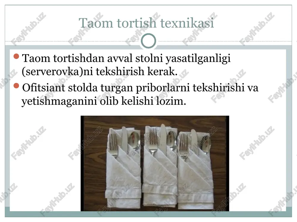 bir pozitsiya haqida so’raganda aniq javob ololmasligi mumkin. masalan, mijoz “bugunga qanday mazali taomingiz bor?” degan savolga ofitsiant “bizda hammasi mazali deb javob berishi yoki “qaysi salatni tavsiya qilasiz?” degan savolga “menyudan salatlar borini ko’rib o’zizga yoqqanini tanlashingiz mumkin” deb javob berish ofitsiant menyudagi taomlarni aql bilan va to’g’ri sota olishi kerak. u taom tarkibini bilishi shart bo’lgani kabi uning kaloriyasi haqida ham ma’lumot bera olishi keerak. shuning uchun har bir restoranda taomlarning energetik quvvati bo’yicha ma’lumot bo’lishi kerak. mijoz talabiga ko’ra ofitsiant tomonidan taqdim etilishi kerak. 2. ofitsiantlarning tartibsizligi “bechora ko’rinsang ko’proq choychaqa olasan” degan qoida endi amal qilmaydi. hozirgi kunda menejer ertalabgi brifing o’tkazgan vaqtda ofitsiantlarning tashqi ko’rinishiga e’tibor qaratishi lozim. ishga uch kunlik soqol va tartibsiz tirnoqlar bilan chiqish mumkin emas. 3. zalda xodimlarning o’zaro gaplashib turishi bir joyda yig’ilib o’zlarining shaxsiy hayotlarini norasmiy tilda muhokama qilib turgan ofitsiantlarga nisbatan qat’iy chora ko’rish lozim. ofitsiantlarning to’planib turib …
