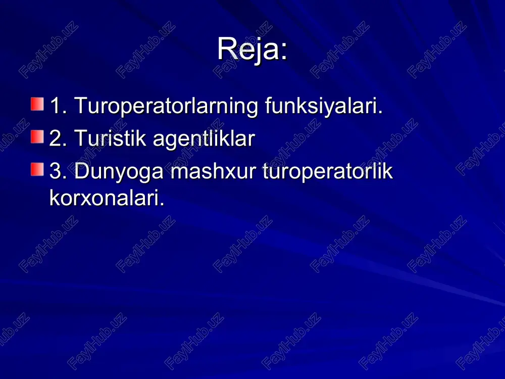 dan o’tkazishgina emas, balki bunday faoliyatni amalga oshirish uchun maxsus litsenziya xam olish zarur. turistik agentliklar (turagent) - bu iste’molchi (turist)ga yoki mijozlarga ayrim turistik xizmatlar va turlarni chakana sotish funksiyasini amalga oshiruvchi yuridik shaxsdir. turoperator yoki turagentlik bilan uni moliya soxasiga va hattoki mas’uliyatni ma’lum darajada qayta taqsimlashga doir ko’zda tutilishi mumkin bo’lgan juda xilma - xil o’zaro ta’sir va xisob - kitob qilishlar bo’yicha agentlashtirish shartnomasi bog’lab turadi. sotuvchi sifatida agentlashtirish shartnomasi bo’yicha uning funksiyasi agar faqat aynan shu vositachilik funksiyasidan iborat bo’lsa, turagent, turistik maxsulot uchun cheklangan mas’uliyatga ega bo’ladi. agentlashtirish soxasida faoliyatning bir nechta turlari farqlanadi: a) shaxs nomidan va korxonaning topshirig’i bo’yicha turlarni sotish. mohiyatan bu turli xildagi turoperatorlarning «turistik yo’llanmalar do’koni» dir. turistik yo’llanmada doimo bunday sotishni amalga oshirgan turoperator va agentning barcha rekvizitlari to’liq ko’rsatiladi (izoq: agentlik foizi tushunchasi bor bo’lgan mamlakatlarda, agentlik foizining summasi doimo turistik xizmatlarning cheki yoki vaucherida ko’rsatilgan bo’ladi. …