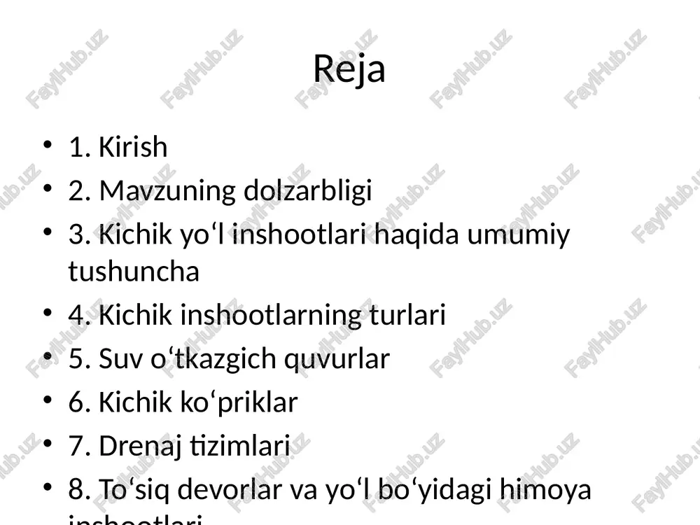 - konstruktsiyaning yaxlitligi - beton va metall qismlarning mustahkamligi - suv o‘tkazish qobiliyati tahlil natijalari 30% inshootlar qoniqarli holatda. 50% qisman shikastlangan. 20% jiddiy ta’mirlashni talab qiladi. kamchiliklar va muammolar - suv o‘tkazgich quvurlar to‘silib qolgan. - beton yoriqlari. - drenaj tizimi ishlamaydi. - ko‘prik metall qismlari korroziyaga uchragan. takliflar va tavsiyalar - yiliga 1 marta texnik ko‘rik. - epoxy materiallar bilan yoriqlarni yopish. - drenajlarni tozalash. - korroziyaga qarshi qoplama ishlatish. fotolavha (1–3) 1. yangi temirbeton suv o‘tkazgich quvuri 2. loy bilan to‘lgan drenaj ariqchasi 3. kichik ko‘prik parapet devori fotolavha (4–6) 4. grunt eroziyasi va himoya devori 5. tozalangan suv o‘tkazgich quvuri 6. ta’mirlangan kichik ko‘prik xulosa va foydalanilgan adabiyotlar xulosa: kichik inshootlarning holati muntazam nazoratni talab qiladi. texnik xizmat ko‘rsatish ularning xizmat muddatini uzaytiradi. foydalanilgan adabiyotlar: 1. o‘rqmq 2.05.03-07 2. qosimov t. 'yo‘l inshootlari ekspluatatsiyasi' 3. www.avtoyollar.uz 4. www.qurilish.uz /docprops/thumbnail.jpeg
