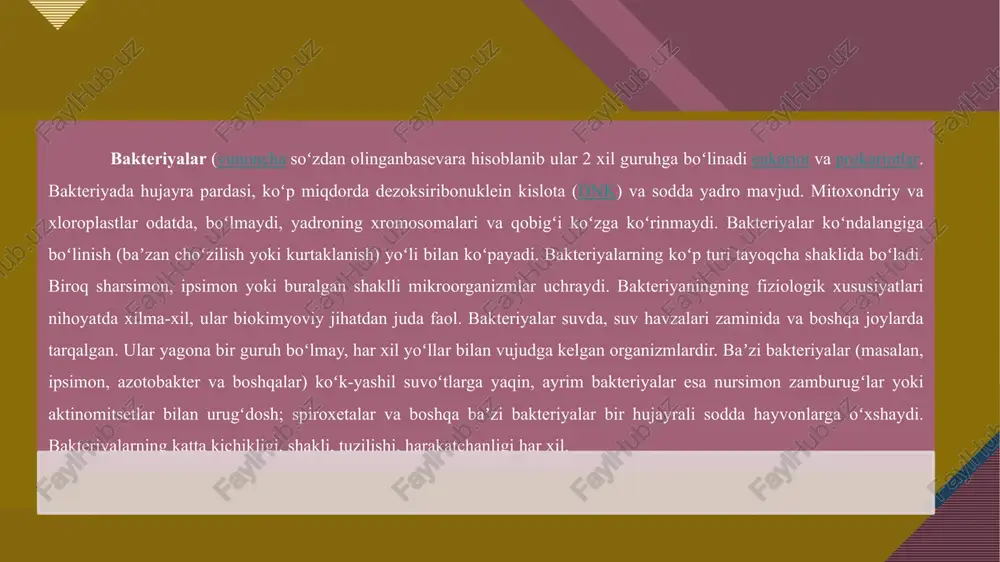 ʻplami hosil boʻladi, bunday shakl stafilokokklarga taalluqli. sporalar hosil qiladigan tayoqchasimon turlari batsillalar deyiladi. tayoqchasimon bakteriyaning uchlari tekis „qirqilgan“ yoki doʻngroq boʻlishi mumkin. bular alohida yoki, baʼzan, zanjir shaklida joylashadi. ayrim bakteriyalar kasalliklar keltirib chiqaradi. 4 odamlarda ich terlama vabo o’lat sil qoqshol botulizm bakteriyalar hujayralarining shakli: 5 sharsimon bakteriyalar – kokklar tayoqchasimon bakteriyalar – batsillalar bukilgan bakteriyalar-spirillalar protoktistalar 6 protoktistalar bir hujayralilar soxta oyoqlilar xivchinlilar ko’p hujayralilar suvo’tlar infuzoriyalar sporalilar suvo’tlar protoktistalar 7 suvo‘tlar yashil suvo‘tlar qizil suvo‘tlar qo‘ng‘ir suvo‘tlar bir hujayrali ko‘p hujayrali xlorella ulotriks nemalion laminariya xlamidomonada spirogira fillofora fukus kladofora ulva zamburugʻlar (fungi yoki mycetes) — eukariot organizmlar dunyosi (bulimi). tayyor organik moddalar hisobiga yashaydi, yaʼni geterotrof organizm hisoblanadi. odatda oʻsimliklarda, tuproqda, suvda, hayvonlarda yoki ularning qoldiqlarida hayot kechiradi. oziqlanish usuliga qarab parazit va saprofitga boʻlinadi. ularning odamlar va hayvonlar uchun zararli va foydali yuz mingdan ortiq turi uchraydi. zamburugʻlar haqidagi fan mikologiya deb ataladi. zamburugʻlarni …