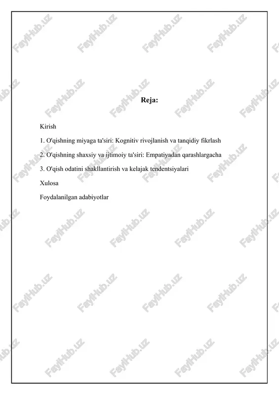 iydigan odamlarda xotira hajmi va tezligi yaxshiroq bo'ladi. misol uchun, "journal of neuroscience" jurnalida chop etilgan tadqiqotda kitob o'qish miyaning neyron aloqalarini kuchaytirishi va xotira funktsiyasini yaxshilashi aniqlangan. diqqatni jamlash qobiliyati ham o'qish orqali rivojlanadi. o'qish paytida biz e'tiborimizni kitobga qaratamiz va tashqi omillarga chalg'imaslikka harakat qilamiz. bu esa miyaning diqqatni nazorat qilish qobiliyatini mashq qildiradi. uzoq vaqt davomida o'qish odati miyani diqqatni ushlab turishga o'rgatadi, bu esa kundalik hayotda, masalan, ishda yoki o'qishda juda foydali bo'lishi mumkin. shuni ta'kidlash joizki, televizor ko'rish yoki ijtimoiy tarmoqlardan foydalanish diqqatni buzishi mumkin, chunki ular qisqa vaqt ichida ko'plab ma'lumotlarni taqdim etadi va miyaga diqqatni jamlashga imkon bermaydi. ⚖️ "kitob o'qish odatining inson tafakkuriga ta'siri" "kitob o'qishning tafakkurga turli jihatlari bo'yicha ta'sirini solishtirish" item tanqidiy fikrlash empatiya lug'at boyligi xotira doimiy o'qish yuqori yuqori yuqori o'rtacha vaqti-vaqti bilan o'qish o'rtacha o'rtacha o'rtacha past umuman o'qimaslik past past past past tanqidiy fikrlash va analitik …