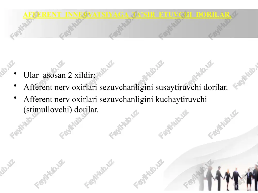 i buzmaydi, ko’zqorachigini o’zgartirmaydi. anestezin uning asosli xususiyati yetarlicha bo’lmaganligi uchun kislotalar bilan yaxshi eruvchi tuz xosil qilmaydi. shuning uchun uni faqat jaroxatlangan teri ustiga kukun, surtma, pasta xolida ishlatish mumkin yoki miyada ogriqlarida tabletka, suspenziya, kukun ko’rinishida qo’llaniladi. anestezinni to`gri ichakka kiritish mumkin. bu xollarning xammasida ham anestezin ta’sirida yuza anesteziyasi rivojlanadi. foydalanilgan adabiyotlar azizova s.s. farmakologiya. toshkent, 2006y. xarkevich d.a. farmakologiya. moskva, 2010y. bazarova l. lotin tili va farmasevtik terminologiya asoslari.toshkent, 2017y. saliho`jayev z. dori vositalari qo`llanmasi. toshkent, 2015y. mashkovskiy m.d. lekarstvenniye sredstva. moskva, 2010y. www.evrofarm.uz image1.jpeg image2.jpeg image3.jpeg image4.jpeg /docprops/thumbnail.jpeg