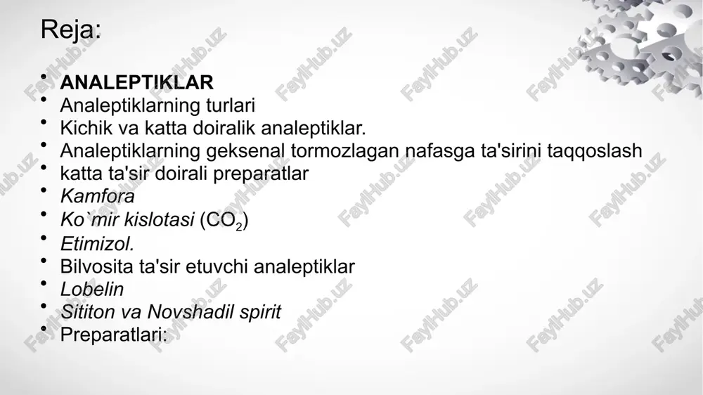 alish zo`rayadi. narkozlantiruvchi va uxlatuvchi preparatlar bilan zaharlanganda analeptiklarning bunday ta'sirini olish uchun ancha kattaroq dozada-umumiy qo`zg`atuvchi dozada yuboriladi. qayta yuborish zaruriyati bo`lsa, unda ularning dozasi kamaytiriladi. kichik va katta doiralik analeptiklar. bu guruhga kiruvchi analeptiklar ta'siri va yuboriladigan dozasiga ko`ra ikki guruhga bo`linadi: ta'siri bo`yicha kichik va katta doiralik analeptiklar. birinchi guruhga strixnin, bemegrid, pikrotoksin kiradi. bu dorilarni yuborishda dozasi to`g`ri va aniq bo`lishi zarur, chunki kattaroq dozalarda yuborilsa, nojo`ya samara berishi mumkin. kichikroq dozada esa ta'siri sezilmaydi. ushbu guruhga kiruvchi strixninning asosiy farmakologik ta'siri orqa miyaga qaratilgan. uzunchoq miya markazlariga ham rag`batlantiruvchi ta'sir ko`rsatadi. nafas va qon tomirlarini harakatlantiruvchi markazlar faoliyatini rag`batlantiradi (preparatning o`zgacha ta'sirlari to`g`risida keyingi bandda ma'lumot keltirilgan). bemegrid asosan narkozga sabab bo`ladigan va uxlatuvchi preparatlar bilan zaharlanishda naf beradi. uni boshqa analeptiklar va yurak-tomir tizimiga ijobiy ta'sir etadigan dorilar bilan qo`shib berish mumkin. bemegrid venaga sekinlik bilan yuboriladi analeptiklarning geksenal tormozlagan nafasga ta'sirini taqqoslash. katta …