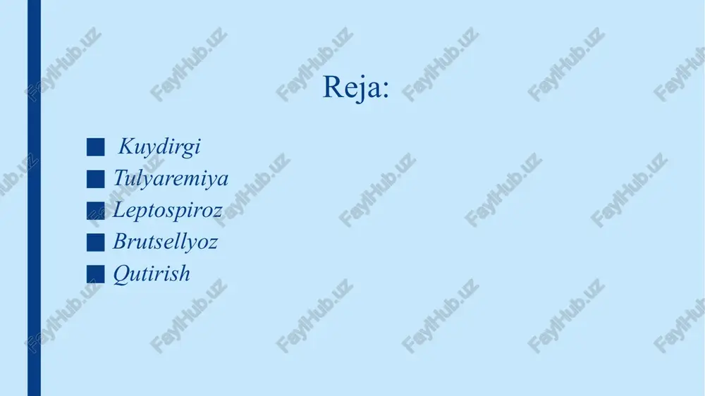 rati 39-41 daraja va undan ham yuqori bo'lishi mumkin.umumiy intoksikatsiya belgilari kuzatiladi: tanada og`riq, qaltirash, yurak-tomir faoliyatining kuchsizlanishi. tibbiy yordam 1.kuydirgi kasalligiga gumon qilingan bemor tez yordam chaqirilib, zudlik bilan yuqumli kasalliklar shifoxonasiga yuborilishi kerak. 2.bemor shifoxonaga yuborilgunicha quyidagi birinchi tibbiy yordam ko`rsatilishi mumkin: - analgin, demidrol, novokain muskul orasiga; - bemor badaniga spirt yoki aroq surtish; - yurak faoliyatini yaxshilash uchun kordiamin, kamfora, kofein (bittasi) -1-2 ml teri ostiga; - kuydirgi mikrobiga qarshi maxsus gammoglobullin – 1 ampula muskul orasiga; - bemorni parvarish qiluvchilar og`iz-burniga maska va maxsus himoya kiyimlarida bo`lishlari kerak. tulyaremiya. limfa tugunlari, o'pka, ichak to'qimasining yallig`lanishi, umumiy intoksikatsiyasi bilan kechadigan og'ir yuqumli kasallik. sababi. kasallikni tulyaremiya tayoqchasi deb ataluvchi mikrob qo'zg'atadi. kemiruvchilar (kalamush, sichqon) infeksiya manbai hisoblanadi. ularning chiqindisi bilan zararlangan suv manbalari, don mahsulotlari va boshqa oziq-ovqatlar orqali mikroblar odamga yuqadi.kemiruvchilardan mikroblar chivin va kanalar orqali ham odamga yuqishi mumkin. belgilari tulyaremiyaning to'rtta turi bo`ladi: …