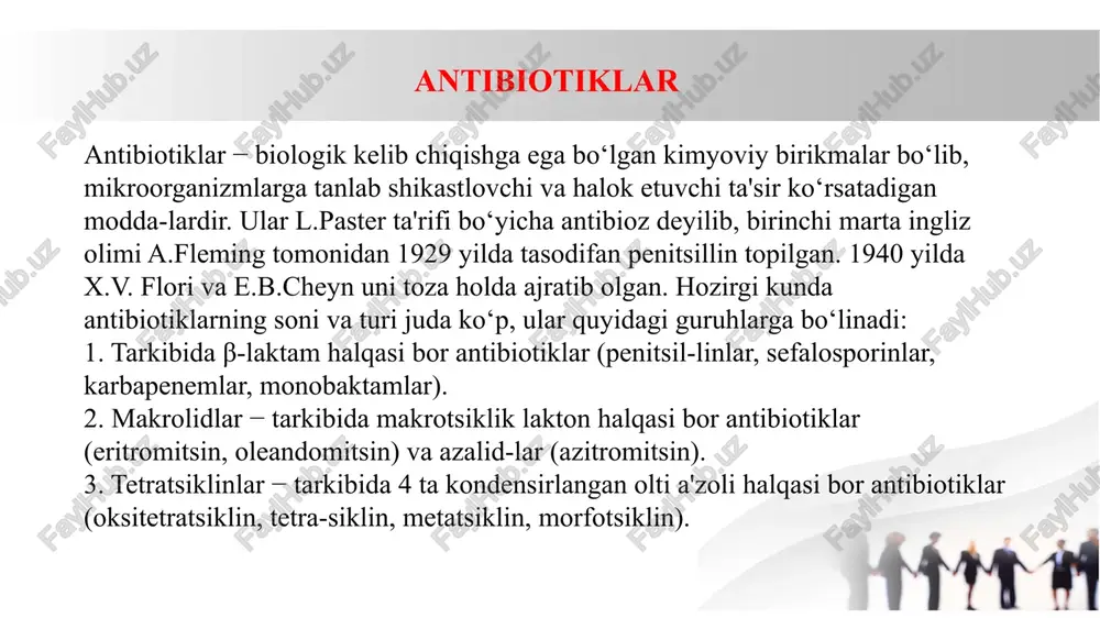 lin ta'sirida bak-teriyalarning hujayra qobig‘i (murein va peptid zanjiridan iborat mukoproteid) sintezlanishi buziladi. penitsillinlar quyidagi guruhlarga bo‘linadi: i. biologik sentez usuli bilan olinadigan penitsillin pre-paratlari (biosentetik penitsillinlar) 1. parenteral yo‘l orqali kiritiluvchi (oshqozonning kislo-talik muhitida parchalanib ketadi) a) qisqa ta'sir etuvchilar − benzilpenitsillinning natriyli tuzi − benzilpenitsillinning kaliyli tazi b) davomli ta'sir etuvchilar − benzilpenitsillinning novokainli tuzi − bitsillin-1 − bitsillin-5 2. enteral yo‘l bilan kiritiluvchi (kislotaga chidamli) − fenoksimentilpenitsillin ii. yarim sintetik penitsillinlar 1. parenteral va enteral yo‘l bilan kiritiladigan vositalar (kislotaga chidamli) a) penitsillinaza ta'siriga chidamlilar − oksatsillinning natriyli tuzi − nafsillin b) keng ta'sir spektriga ega preparatlar − ampitsillin − amoksitsillin 2. parenteral yo‘llar bilan kiritiluvchilar (oshqozonning kislotalik muhitida parchalanib ketadi) a) keng ta'sir spektriga ega vositalar (ko‘k yiring tayoqchasiga ham chidamli) − karbenitsillinning dinatriyli tuzi − tikarsillin − azlotsillin 3. enteral yo‘l bilan kiritiluvchi (kislotaga chidamli) − karbenitsillin indanil natriy − karfetsillin penitsilinlar bakteritsid ta'sir ko‘rsatadilar. …