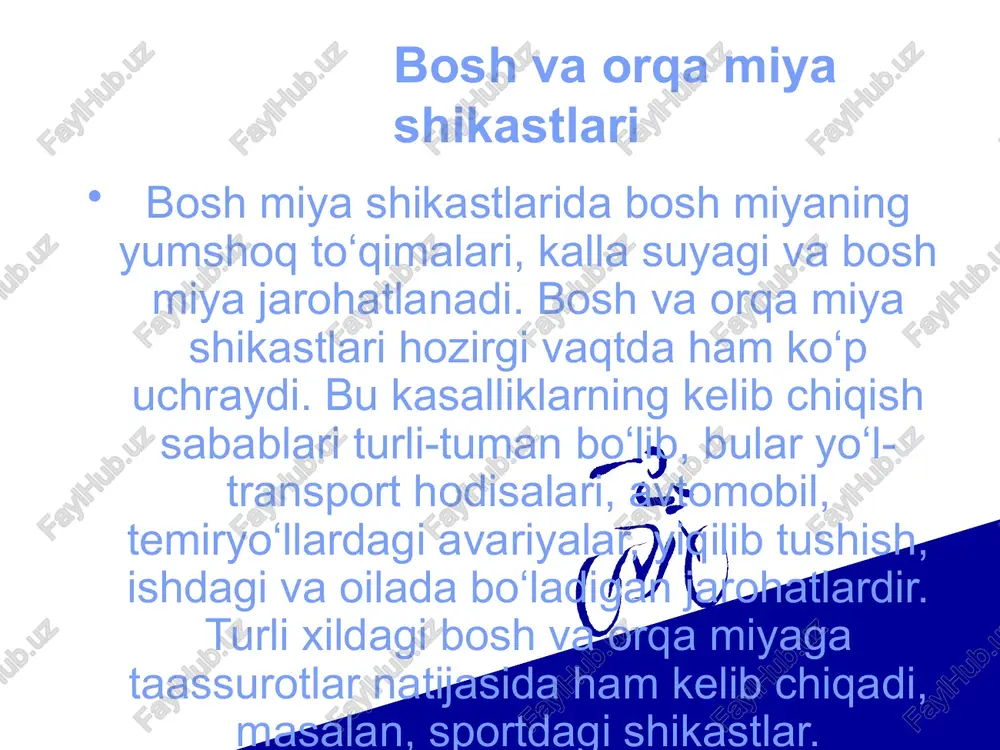 vom etadi. qusish bir yoki bir necha marta ko‘ngil aynish bilan takrorlanadi. retrograd amneziya – jarohatdan oldin bo‘lib o‘tgan voqealarni bemorlar eslay olmaydi. bemor bir necha kun o‘z ismi, familiyasini, manzilini, oila a’zolarini hamda birga bu holat bosh miya chayqalishiga nisbatan og‘irroq o‘tadi va bosh miya to‘qimasi, miya pardalari ko‘proq zararlanadi, qon tomirlari uziladi, qon pardalar orasiga chiqishi natijasida meningial belgilar paydo bo‘ladi. bosh miyada qon va bosh miya suyuqligi aylanishi buziladi, miya to‘qimalarida nekroz paydo bo‘ladi. bosh miya jarohatlaridan keyin hushdan ketish bir necha daqiqadan bir necha soatgacha davom etadi. bunda asab tizimiga taalluqli belgilar 2 guruhga bo‘linadi: 1. umumiy miya belgilari – bosh og‘riq, ko‘ngil aynish, qusish, bosh aylanish, bular miya ichidagi bosimning oshib ketishi natijasida sodir bo‘ladi. 2. mahalliy miya belgilari – yengil anizokoriya, nistagm, parezlar, nutq buzilishlari va qaltirashlar bilan kechadi. ye n g i l s h a k l i d a umumiy miya …