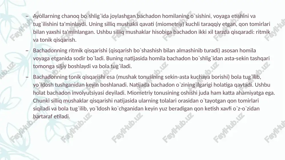 amin, ergotal b. oksitotsin guruhi preparatlari-oksitotsin, metiloksitotsin v. prostaglandinlar guruhi preparatlari-dinoprost, dinoproston, prostenon g. bachadonni rag`batlantiruvchi boshqa vositalar-kotarnin xlorid, sterofizin, oddiy zirk nastoykasi, jag`-jag` o`ti, tog` qudus ekstrakti oksitotsin oksitotsin-gipofiz orqa qismidan ajralib chiqadigan gormon. kimyoviy tuzilishi bo`yicha oktapeptid hisoblanadi. hozirgi vaqtda sintez qilingan, oksitotsin ta'sirida miometriy davriy qisqaradi va qisqarish kuchi oshadi terapevtik dozada qisqarish amplitudasini va tezligini, katta dozalarda esa bachadon tonusini oshiradi. shuning uchun ham oksitotsin tug`ruqni tezlashtirish maqsadida kichik dozalarda bo`lib-bo`lib yuboriladi. homilasiz bachadonga oksitotsin ta'sir etmaydi. homilalik davri oshgani sari bachadonning oksitotsinga bo`lgan sezgirligi ortib boradi. uning ta'sirida sut bezining faoliyati ham ortadi. preparat venaga tomchilab yuboriladi, shunda uning ta'siri tez yuzaga chiqadi. preparat faolligi ta'sir birliklarida (tb) ifodalanadi. prostoglandinlar -tanada araxidon kislotadan sintezlanadigan, molekulasi siklopentan tuzilishiga ega bo`lgan to`yinmagan yog` kislotalari qatoriga kiradi. ular biologik faol moddalar bo`lib, ko`p fiziologik jarayonlarda qatnashadi. hozirgi vaqtda prostoglandinlarning ko`p vakillari topilgan. ulardan prostoglandin e2 (dinoproston) va f2( …