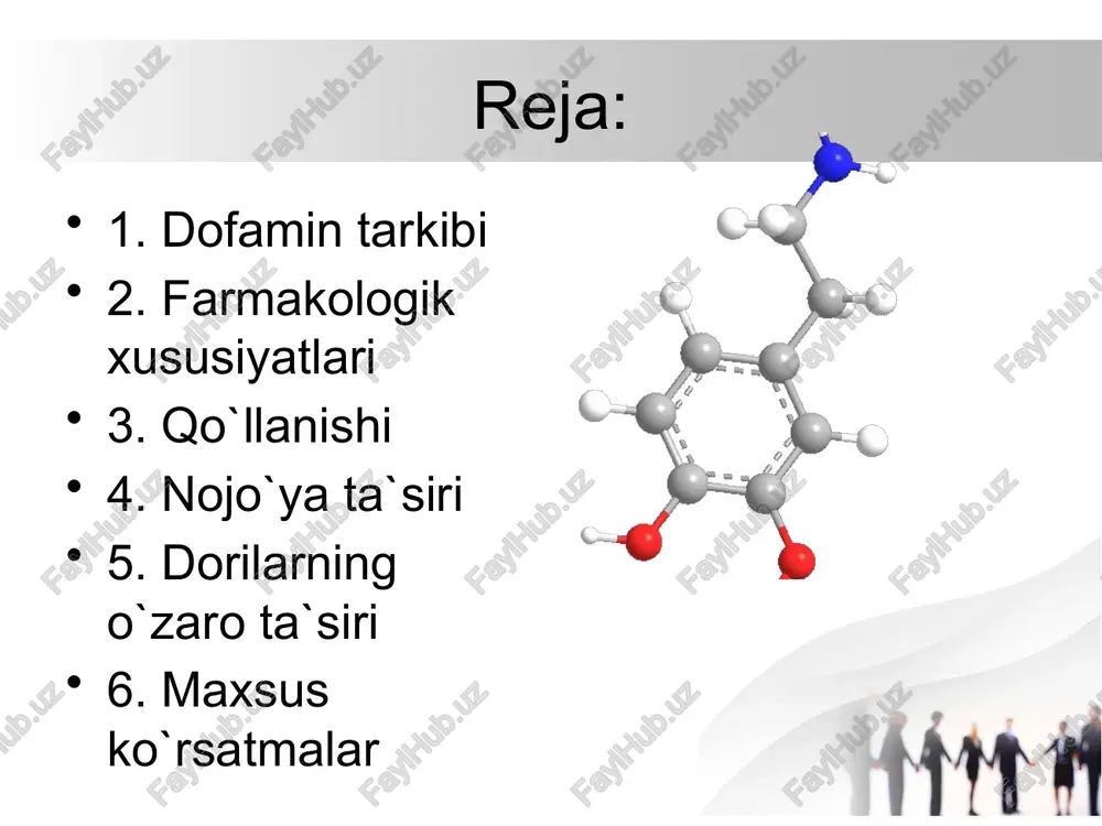dozaning 75% gacha qismi organizmdan birinchi sutkalar davomida nofaol metabolitlar ko‘rinishida chiqariladi. yuborilgan dofaminning 25% gachasi qayta qamrab olinish mexanizmi bilan neyrovezikulalarga tushadi va noradrenalinning sintezi uchun ishlatiladi ta‘sirini boshlanishi – yuborish boshlanganidan keyin taxminan 5 minut, oxiri – infuziya tugaganidan keyin – 5-10 minut o‘tgach samarasi tugaydi. qo`llanishi: shok holati yoki shokni kelib chiqishi natijasidagi xavf soluvchi holatlar: -o‘tkir miokard infarkti oqibatidagi yurak yetishmovchiligi (kardiogen shok); -og‘ir infeksiyalar (infeksion-toksik shok); -operasiyadan keyingi shok holati; -arterial bosimining turli genezli og‘ir pasayishi (og‘ir gipotenziya); -o‘ta yuqori sezuvchanlik reaksiyalarida (anafilaktik shok) qo‘llanadi. dozasi dozalar tana vazni 50 kg tana vazni 70 kg tana vazni 90 kg 2 mg/kg/min 1,5 ml/soat 2,1 ml/soat 2,7 ml/soat 5 mg/kg/min 3,75 ml/soat 5,25 ml/soat 6,75 ml/soat 10 mg/kg/min 7,5 ml/soat 10,5 ml/soat 13,5 ml/soat 20 mg/kg/min 15 ml/soat 21 ml/soat 27 ml/soat 50 mg/kg/min 37,5 ml/soat 52,5 ml/soat 67,5 ml/soat agar infuziya uchun eritmani tayyorlash uchun …