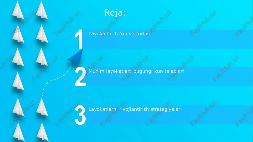 ot muhim o'rin tutadi, bu esa tushunmovchilikni kamaytiradi. shaxsiy ko'nikmalar, 10 dan ortiq muhim jihatni o'z ichiga oladi, masalan, vaqtni boshqarish, muammolarni yechish va stressni nazorat qilish kabilar, bu esa professional muvaffaqiyatga erishishda muhim ahamiyatga ega. ijodiy fikrlash, 5 ta bosqichdan iborat bo'lib, muammoga yangicha yondashuv, innovatsion g'oyalar yaratish va raqobatbardoshlikni oshirish imkoniyatini beradi, 21-asr ko'nikmasidir. soft skills (moslashuvchan ko'nikmalar) moslashuvchan ko'nikmalar, jumladan, samarali kommunikatsiya, jamoada ishlash va muammolarni hal etish ko'nikmalari, ish beruvchilar tomonidan qadrlanadi, chunki ular 85% ish muvaffaqiyatiga ta'sir qiladi. empatiya, moslashuvchanlik va ijobiy munosabat kabi soft ko'nikmalar jamoa a'zolariga 70% gacha samaraliroq munosabatda bo'lishga yordam beradi, natijada ish unumdorligi oshadi. adaptivlik, vaqtni boshqarish va stressni boshqarish kabi soft ko'nikmalar xodimlarga 90% gacha yuqori stressli muhitda yaxshiroq ishlashga yordam beradi, shuningdek, burnout xavfini kamaytiradi. ko'nikmalarni rivojlantirish strategiyalari start doimiy takomillashtirish uchun smart (specific, measurable, achievable, relevant, time-bound) maqsadlarini belgilash, bu esa keyingi bosqichga o'tishda muhim rol o'ynaydi. …