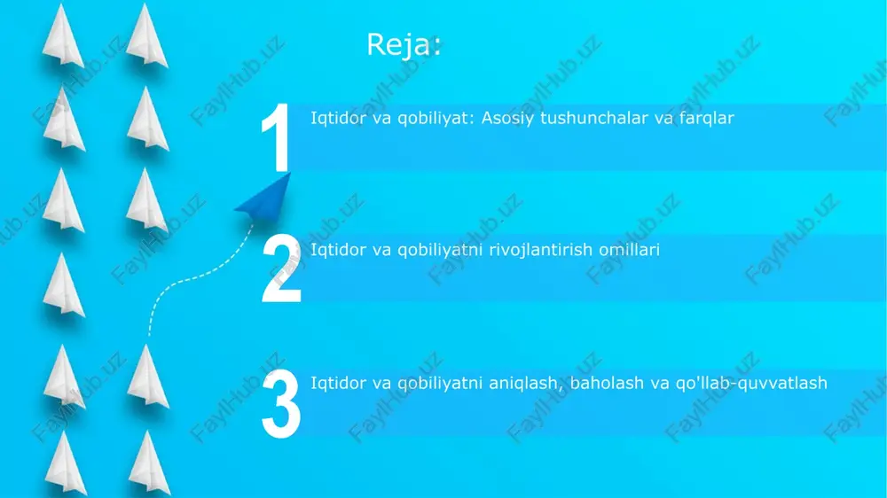 asalan, musiqiy iqtidor, mehnat bilan professional ko'nikmaga aylanadi. iqtidorli va qobiliyatli bolalarni aniqlash va baholash qobiliyatli bolalarni aniqlash uchun ularning muayyan sohalarga (masalan, matematika, musiqa) qiziqishi va erishgan yutuqlari, portfolio baholash va musobaqalardagi ishtiroki hisobga olinadi. iqtidorli bolalarni aniqlashda wisc-v kabi intellekt testlari, ijodkorlik testlari va o'qituvchilarning kuzatuvlari muhim rol o'ynaydi, natijalar kompleks baholanishi kerak. iqtidor va qobiliyatni baholashda standartlashtirilgan testlar, o'qituvchi baholari va bolaning o'z-o'zini baholashidan olingan ma'lumotlar umumlashtirilib, yakuniy xulosa chiqariladi. iqtidor va qobiliyatni rivojlantirish usullari muayyan sohalarda 10,000 soatlik mashq qilish orqali iqtidorlar rivojlanadi, bu esa miyaning neyron aloqalarini mustahkamlaydi va tajriba orttirishga yordam beradi. qobiliyatni rivojlantirish uchun individual ta'lim dasturlarini qo'llash, 7 xil o'rganish uslubini inobatga olib, har bir shaxsning ehtiyojlariga moslashtirish zarur. ijodiy qobiliyatlarni o'stirish uchun “scamper” texnikasidan foydalanish, ya'ni o'rnini almashtirish, birlashtirish, moslashtirish, o'zgartirish, maqsadga yo'naltirish, yo'q qilish va teskarisini qilish kerak. iqtidor va qobiliyatning jamiyatdagi ahamiyati start iqtidor va qobiliyatlar innovatsiyalarni ilgari suradi, …