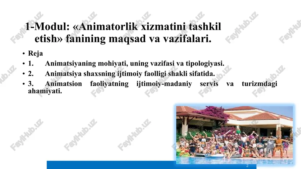h vazifa sifatida aks ettirilgan. bundan tashqari animatsiya dasturini mehmonxona, restoran, bar, muzey, park va xiyobonlarda tashkil etish haqida chuqur bilimlarni egallash hisoblanadi. * animation - noun-the process of making films, videos and computer games in which drawings, models or images of people and animals seem to move «animatsiya» so‘zi lotinchadan kelib chiqqan bo‘lib, (anima-shamol, havo, jon; animatus – jonlantirish) ya’ni jonlantirish, ruhlantirish, hayotiy kuchga rag‘batlantirish, faollikka undash degan ma’noni anglatadi. «animatsiya» atamasi birinchi marta xx asrda fransiyada turli assotsiatsiyalar tuzish haqidagi qonun joriy etilishi munosabati bilan badiiy ijodiyotga, madaniyatga jonli qiziqishni uyg‘otishga qaratilgan faoliyat sifatida talqin etildi. animatsiya turli xil harakterli qirralarga ega bo‘lib, u quyidagilardan iborat bo‘ladi: bo‘sh vaqtda amalga oshiriladi; erkin anglanishi, ko‘ngilligi, ham bir kishi, ham turli ijtimioy guruhlar tashabbusi, faolligi bilan farq qiladi; milliy, diniy, hududiy xususiyatlari va an’analar bilan bog‘langan; kattalar, yoshlar, bolalar turli qiziqishlari asosida xilma-xil turlari bilan harakterlanadi; o‘ta shaxsiyligi, rivojlanuvchanligi, sog‘lomlashtirish …