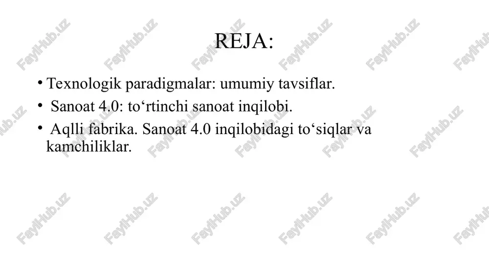 ik tolali texnologiya; • dasturiy ta'minot; • telekommunikatsiya; • robototexnika; • gaz ishlab chiqarish va qayta ishlash; • axborot texnologiyalari. beshinchi texnologik uklad mikroelektronika, informatika, biotexnologiya, gen injeneriyasi, yangi energiya turlari, materiallar, kosmik tadqiqotlar, sun'iy yo'ldosh aloqalari va boshqalar oltinchi texnologik ukladning asosi: nanoelektronika; • nanokimyo; • molekulyar va nanofotonik; • nanomateriallar va nanoyurilmali qoplamalar; • nanosistema texnologiyasi; • nanobiotexnologiya; • axborot texnologiyalari; • kognitiv fanlar; • ijtimoiy-gumanitar texnologiyalar; • nano-, bio-, axborot- va kognitiv texnologiyalarning yaqinlashuvi (nbic konvergentsiyasi, nbic). oltinchi texnologik ukladning yutug'i - bu ishlab chiqarish va iste'molning individualizatsiyasi, ishlab chiqarishning energiya va moddiy sarflanishining keskin kamayishi, oldindan belgilangan xususiyatlarga ega bo'lgan materiallar va organizmlarning dizayni. gumanitar ustunlik - odamlar va hayvonlarning umr ko'rish davomiyligining sezilarli darajada oshishi. to'rt sanoat inqilobi 2  birinchi sanoat inqilobi suv va bug’ elektr energiyasining mexanik ishlab chiqarishga qo’llanishi.  ikkinchi elektr energiyani ko’p hajmli ishlab chqarishga qo’llanishi 3  uchinchi elektronika …