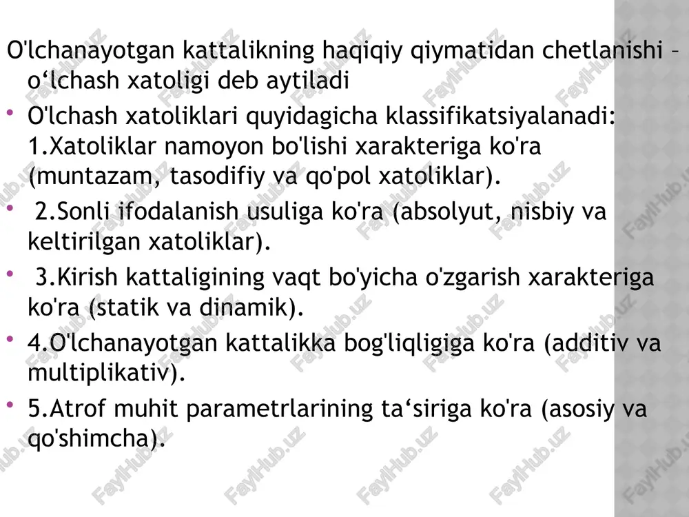 n paytni qayd qilishda kechikish yoki shoshilishdan, shkala bir bo'lim chegarasida ko'rsatuvni noto'g'ri yozib olishdan, paralaksandan va hokazolardan kelib chiqadi o‘rnatish xatoligi o‘rnatish xatoligi – o'lchash asbobi ko'rsatkichining shkala boshlang'ich belgisiga noto'g'ri o'rnatilishi natijasida yoki o'lchash vositasini e‘tiborsizlik bilan, masalan, vertikal yoki gorizontal bo'yicha o'rnatilmasligi natijasida kelib chiqadi. o‘lchash metodikasi xatoliklari - kattaliklarni o'lchash shartlari metodikasi bilan bog'liq bo'lgan va qo'llanayotgan o'lchash asboblariga bog'liq bo'lmagan xatoliklardan iborat. ayniqsa, aniq o'lchashlarni bajarishda o'lchash natijasida muntazam xatoliklar anchagina buzishi mumkin. tasodifiy xatolik tasodifiy xatolik deyilganda, faqat, bitta kattalikni qayta-qayta o'lchash mobaynida tasodifiy o'zgaruvchi o'lchash xatoligi tushuniladi. bu xatolik borligini faqat bitta kattalikni bir xil sinchkovlik bilan qayta-qayta o'lchagandagina sezish mumkin. agar har bir o'lchash natijasi boshqalaridan farq qilsa, u holda tasodifiy xatolik mavjud bo'ladi. shu xatoliklarni baholash ehtimollar nazariyasi va matematik statistika nazariyasiga asoslangan bo'lib, ular o'lchash natijasi o'lchanayotgan kattalikning haqiqiy qiymatiga yaqinlashishi darajasini baholash metodlarini, xatolik ehtimoliy chegarasini baholash imkonini beradi, …