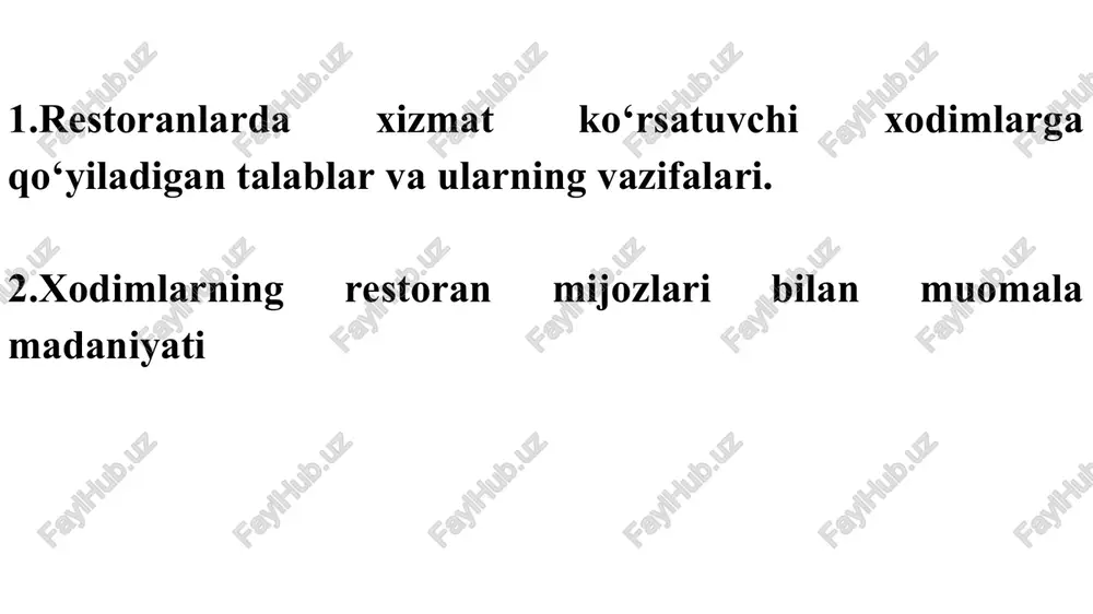 n tanbeh va rahmatnomalar haqida gapiradi. bugungi kun vazifalari, taom va mahsulotlarni realizatsiya qilish yo‘llarini ko‘rsatadi. bosh ofitsiant ishdagi o‘zgarishlar, restoran, trest (bir sohadagi )bo‘yicha e’lon qilingan buyruq, farmoyishlar haqida ofitsiant, bufetchi, shveysar, farrosh va boshqalarni xabardor qilishi kerak. «besh daqiqa» lik yig‘ilishga bosh ofitsiant restoranning sex, bo‘lim va boshqa xizmat boshliqlarini chaqiradi. bunday yig‘ilishlarda restoran direktori yoki uning muovini qatnashishi shart. bosh ofitsiant hamkasblariga nisbatan xushmuomala, g‘amxo‘r, ochiq ko‘ngilli, o‘rtoqlik munosabatida bo‘lishi lozim. bosh ofitsiant brigadalarga tegishli joylarni bo‘lib beradi, tantanali qabullar, banketlar, to‘ylarda xizmat qilish bo‘yicha brigadir tayinlaydi. yuqoridagi masalalar hal bo‘lgandan keyin bosh ofitsiant o‘zining asosiy vazifasini bajarishga kirishadi. bu vazifa mehmonlarni kutib olishdir. bosh ofitsiant ko‘p narsalarni xotirasida saqlashi lozim. masalan, zalda qancha bo‘sh joy borligini bilishi kerak? ba’zi restoranlarda bo‘sh o‘rinlar haqida vestibyulda yoritiladigan tablo bo‘ladi. ko‘p hollarda restoranga keluvchilar tabloga nazar tashlab, bo‘sh joy borligini bilib, ichkariga kiraveradi. bosh ofitsiant iste’molchilarni qarshi olar ekan, …