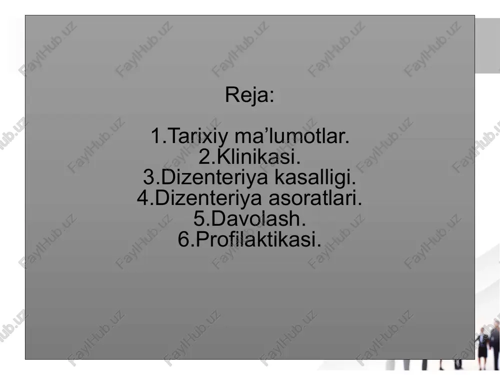 mkoniyatlar, uning sanitariya holati, oila a’zolarining gigiyena qoidalariga rioya qilishini e’tiborga olish kerak. oziq-ovqat mahsulotlariga aloqador joyda ishlaydigan bemorlar albatta shifoxonaga jo’natiladi. bemor o’rnidan turmay yotishi kerak, xojatga borish uchun turishga ruxsat etiladi. ko’proq uxlash foydali. dizenteriyaning dastlabki davrida bemorga 4-raqamli parxez taomlariga o’tish ruxsat beriladi. parxezning xilidan qat’iy nazar bemorga yetarli miqdorda uglevodlar, yog’, oqsil moddalari va vitaminlar berishi kerak. bemorga ovqat tanlashda hamma vaqt uning yo’g’on ichagidagi patomorfologik o’zgarishlarni nazarda tutmoq lozim. profilaktikasi: avvalo dizenteriya diagnozini imkoni boricha barvaqt aniqlab, bemorni kasalxonaga jo’natish yoki kasallikning undan boshqalarga yuqmaslik choralarini ko’rish zarur. dizenteriyaning bilinar- bilinmas belgilari bilan o’tadigan va ayniqsa subklinik turini aniqlashga alohida e’tibor qilinadi. ichi ketgan bemorlarning hamma nazorat ostida bo’lishi kerak. bemor yotgan uy dizenfeksiya qilinadi. bemorning kasalxonadan uyiga ketishiga kasallik simptomlari yo’qolib, axlati tekshirilib ko’rilganda dizenteriya mikroblari yo’qligi aniq bo;lgandan keyingina ruxsat beriladi. uyiga qaytgan bemor poliknika vrachi nazoratida bo’ladi. e’tiboringiz uchun rahmat! image2.jpeg image3.jpeg …