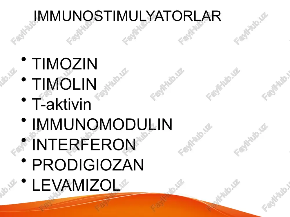 da. antibiotiklar bilan mushak orasiga yuboriladi. immunodepresantlar organizm ximoya kuchlarining oshishi ba’zi xolatlarda salbiy ta’sir ko’rsatadi, shunday xollarda imunitetni pasaytirish uchun qo’llaniladi glyukokortikoidlar, azatioprin, sitostatik moddalar kiradi antitelo xosil bo’lishini to’xtatadi a’zo va to’qimalar ko’chish jarayononi susaytiradi. immunoglobulinlar. zardob, vaksinatsiyalar moddalar immun sistemaga ta’sir ko’rsatib, ba’zilari yuqumli kasalliklarga nisbatan imunitet xosil qilib, ularning oldini olish uchun, ba’zilari mikroorganizmlar toksinlarini neytrallab davolash uchun, ba’zilari tashxis qo’yish uchun qo’llaniladi turlari quturishga qarshi qoqsholga qarshi difteriyaga qarshi odam immuniglobulini tozalangan quruq tuberkulin-sil kasalligiga tashxis qo’yish uchun qo’llaniladi bsj- bolalar yoshiga qarab, 80% da 10 yilgacha immunitet xosil qiladi akds-difteriya, qoqshol, ko’kyutal oldini olish uchun, 3 marta, chaqaloq 6oyligida. allergik kasalliklarda qo’llaniladigan moddalar allergiyada organizmning immun jarayonlari, sezuvchanligi ortadi, allergen va unga nisbatan xosil bo’lgan antitelolar o’zaro birlashib, turli jaroxatlar paydo qiladi. ikki turda: tez va sekin xosil bo’ladigan allergik jarayonlar allergik kasalliklar: eshakemi, kvinke shishi, allergik rinit, konyuktivit, bronxial astma, zardob kasalligi, kollagenoz, …