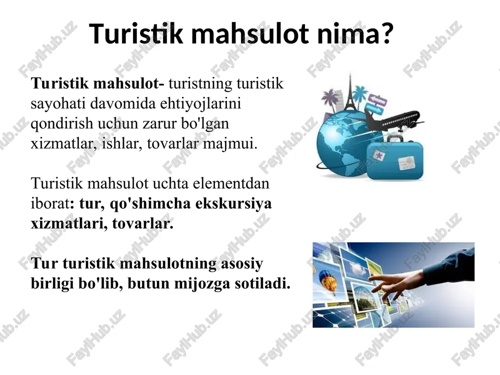 ning reklamaga muvofiqligi, axborotning ishonchliligi; 3) samaradorlik - turist uchun eng kam xarajat evaziga eng katta samaraga erishish; 4) yaxlitlilik - mahsulotning to'liqligi, turistik ehtiyojni to'liq qondirish qobiliyati; 5) aniqlilik - mahsulot iste'moli, uning yo'nalishi turistga ham, xizmat ko'rsatuvchi xodimlarga ham tushunarli bo'lishi kerak; 6) oson ishlash; 7) moslashuvchanlik; 8) foydalilik - bir yoki bir nechta maqsadlarga erishishga xizmat qilish qobiliyati; 9) xavfsizlik. ba'zi mualliflar turizm xizmatlari bozori omillarini tizimlashtirishni to'ldirishni zarur deb hisoblaydilar, bunda bozorni rivojlantirish omillarini ajratib ko'rsatishadi: - tabiiy-iqlim (tabiiy-iqlim resurslaridan foydalanish, texnogen omillar, suv sifati, shovqin darajasi, atmosfera havosining holati va boshqalar); - siyosiy (globallashuv, harbiy mojarolar, viza rasmiylashtirishlari va boshqalar); - ijtimoiy-iqtisodiy (demografiya, bandlik, aholining pul daromadlari, tirikchilik darajasi, xarid qobiliyati, investisiyalar); - madaniy va tarixiy omillar. asosiy omillar taklif omillari – iste’molchilar talab omillari- mahsulot xizmatlar bozor konyukturasi va huquqiy-me’yoriy omillar turizm bozorining o‘ziga xos jihatlaridan biri turmahsulotni bahosini shakllantirishdan iboratdir. turmahsulot bahosiga bir …