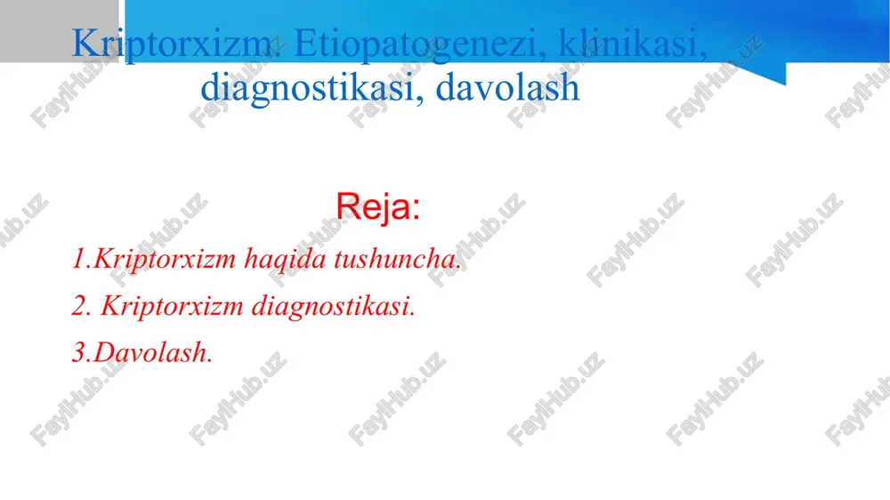 lan sinama o’tkazish. kriptorxizmni davolash: konservativ davo - xirurgik davo. konservativ davo. gipotalamus va gipofiz gormonlari. gonadotropin va uning antogonistlari ( xronik gonadotropin ). vitaminoterapiya – vitamin e kopleks. xirurgik davo. operativ davo – moyaklar fiksatsiyasi. xirurgik davo. image1.jpeg image3.jpeg image4.jpeg image5.jpeg image6.jpeg image2.jpeg /docprops/thumbnail.jpeg