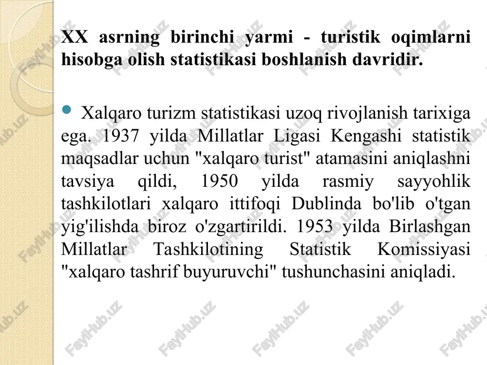 iyalarining maqsadi mamlakatlarga turizm statistikasini tuzishda yagona ma'lumot bazasini taqdim etishdir. ular ichki izchil ta'riflar, tushunchalar, tasniflar va ko'rsatkichlar tizimini o'z ichiga oladi: ushbu standartlar birlashgan millatlar tashkilotiga a'zo barcha davlatlar uchun tavsiya etiladi. standartlar unwto tomonidan birlashgan millatlar tashkilotining statistika bo'limi bilan hamkorlikda mamlakat vakolatxonalari va mintaqaviy va mintaqaviy seminar va mahorat darslarini tashkil etish shaklida texnik yordam ko'rsatish orqali ilgari surilmoqda. turizmning har xil turlari bilan bog'liq sayohat quyidagi xususiyatlarga ega bo'lishi mumkin. - asosiy maqsad; - davomiyligi; - kelib chiqishi va tayinlangan joyi; - transport turlari; - turar joy turlari. sayyohlikni asosiy maqsadlariga muvofiq tasniflashda ularni quyidagicha taqsimlash tavsiya etiladi. shaxsiy maqsadlar. bo’sh vaqt va dam olish. do'stlar va qarindoshlarni ziyorat qilish. ta'lim va o'qitish. tibbiy va sog'lomlashtirish muolajalari. din savdo tashrifi. tranzit boshqa maqsadlar. xalqaro turizm statistikasi asosan ikki bo‘limdan iborat bo‘lib, turistik oqimlar statistikasi va turistik daromadlar hamda harajatlar statistikasidan iborat. ularning har biri uchun …