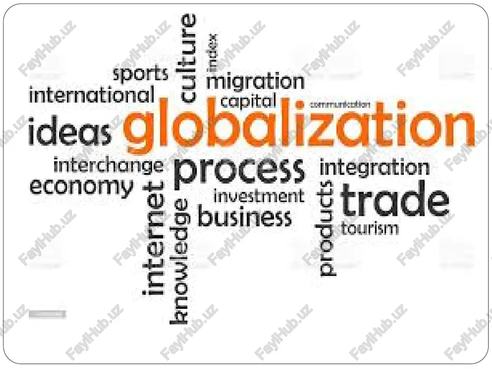 ida eksport, import, ishchi kuchi bozori va mablag‘ning markazlashtirilishi deb ta’rif beriladi. shu jumladan kapitalizm, modernizatsiya va iqtisodiy bog‘liqlik ham globallashuv omillaridan hisoblanadi. ilgari globallashuvga aholi va maxsulot oqimi sifatida qaralgan bo‘lsa, hozirda unga xizmatlar, axborot va mablag‘ oqimi sifatida qaralmoqda. globallashuv o‘lchamlari: iqtisodiy iqtisodiy nuqtai nazardan globallashuv jahon iqtisodining o‘zaro bir-biriga bog‘liqligi, rivojlanishning yangicha usullari, savdo va investitsiyaning liberallashuvi, xalqaro korporatsiyalar ko‘payishning rag‘batlantirilishi jarayonlaridir texnologik texnologik jihatdan globallashuv tezkor innovatsiyalar informatsion va kommunikatsion xizmatlardagi o‘zaro bog‘liqlikning oshish jarayonlaridir. bu jarayonda bilim yashash tarzini baholashda muhim omilligini ko‘rsatadi. bugunning eng texnologik jihatdan ilg‘or iqtisodga ega davlatlar bilim asosida shakllangandir. siyosiy siyosiy nuqtai nazardan globallashuv hukumatning iqtisodni boshqarish va nazoratni jahon banki, yevropa ittifoqi, yevropa markaziy banki, butun jahon savdo tashkiloti, butun jahon sog‘liqni saqlash tashkiloti va butun jahon turizm tashkiloti kabi global tashkilotlarga topshirishi tushuniladi madaniy madaniy nuqtai nazardan globallashuv insonlarining hayot tarzlaridagi, ularning ommaviy axborot vositlari, televideniya, filmlar, turizm …