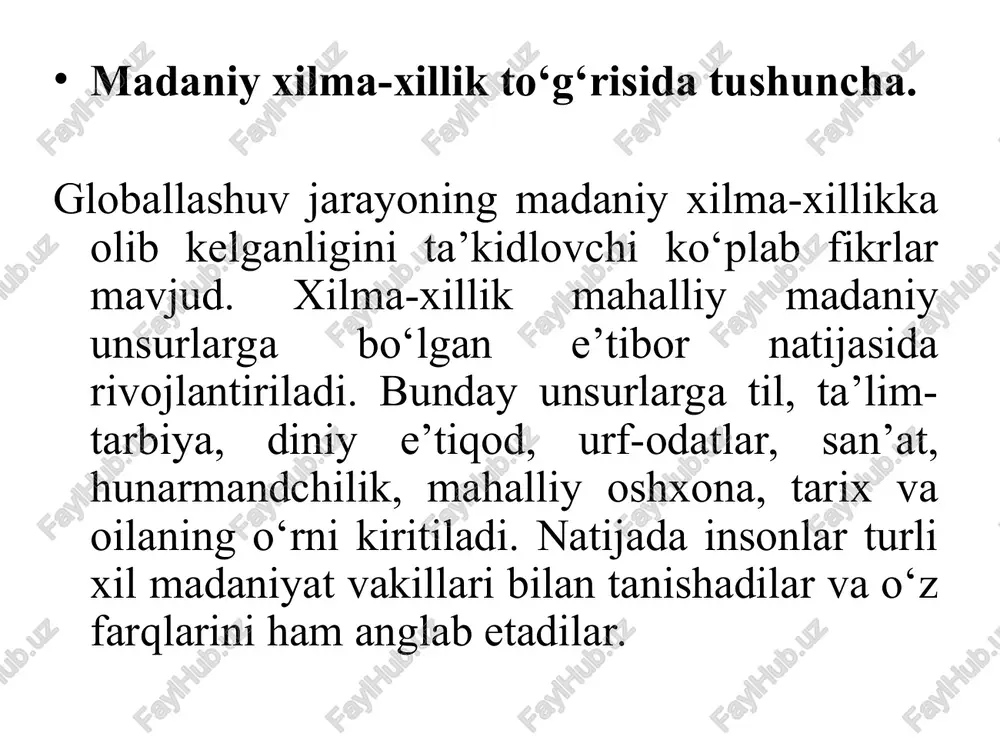 yosati va jinsni aniqlash yoki ular faktorlarini birlashishini ajratishga asoslanadi. ba’zi madaniyatlar bir necha madaniy guruxlardan tashkil topgan. madaniy guruxlanishining turlicha turkumlari bor: ● irqiy madaniy gurux: ko‘pgina odamlar guruxlari biologik xarakterlanishini o‘xshashliklari, asosan o‘xshash rang va yoki fizik turini ta’kidlaydi. turlicha irqlar turkumlari fizik xususiyatini farqlarini, tanasining rangi yoki ko‘zlarining shaklini xarakterlay oladi. irqiy madaniy guruxlar yana odamlar guruxlarini avlodini ajdodiga o‘xshashi, tarixan bir xilligi, tili, urf-odatlari, misol uchun,germanlar irqi, ta’kidlay oladi. irq dunyo rivojining turidir. o‘ziga xos irqlar turkumi tarixan rivojlangan. misol uchun, ko‘pchilik g‘arbiy evropaliklar mamlakatlarida kavkazlar irqi odamlarni o‘z ichiga olgan. ● milliy madaniy guruxlar: odamlar guruxlarining tarixi va odatiy tilini ifodalaydi. lekin har doim ham o‘xshash hududlarda yashamasligi mumkin. misol uchun, qo‘shma shtatlar va shimoliy amerikaning, hindiston milliy madaniy guruxlari. ● qabilalar madaniy guruxlari: odamlar guruxlarini kichikroq millatlari, o‘xshash urf-odatlari va odatiy o‘xshash tillari va ko‘pincha uchraydigan qadimiy hayot yo‘llarini tushuntiradi. misol uchun, qabilalarning amazonka …