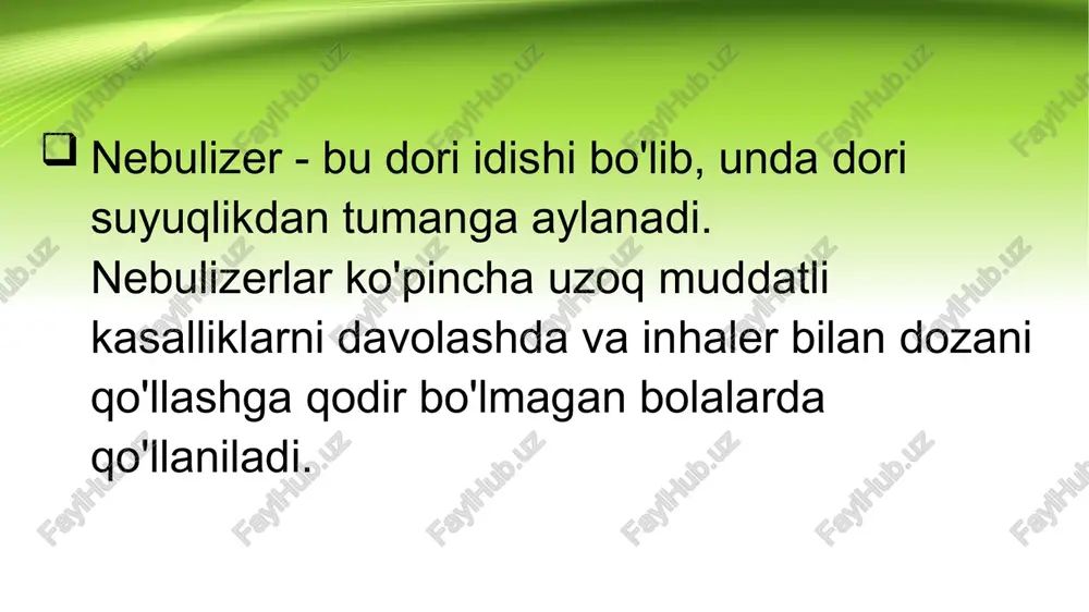 orining aerozollanishiga olib keladi. elektr nebulizer kichik o'lchamlari tufayli juda jim va qulay qurilma. ushbu nebulizerning kamchiliklari uning yuqori narxi va u orqali ba'zi dori-darmonlarni qabul qilishning cheklanishidir nebulizerning oxirgi turi membrana nebulizer yuqori samaradorlik va yuqori narx bilan ajralib turadi, uning ta'siri tufayli preparat nafas olish yo'llarining qiyin bo'lgan joylariga boradi. uyda eng ko'p ishlatiladigan nebulizer pnevmatik nebulizer bo'lib, uning ko'p qirraliligi va uni turli infektsiyalarni davolashda va ko'plab turli dorivor preparatlarni qo'llashda ishlatiladi. nebulizatsiya qilish uchun turli xil dorilar qo'llaniladi, lekin ko'pincha ularning har birining vazifasi nafas olish tizimining faoliyatini yaxshilashdir. nebulizer bilan qo'llaniladigan dorilarga quyidagilar kiradi: antibiotiklar guruhidan dorilar, ayniqsa aminoglikozidlar, karbenitsillin, kolistin, seftazidim, vankomitsin, amfoterisin b; glyukokortikoidlar; nafas yo'llari va bronxlarni kengaytirish uchun preparatlar; mukusning viskozitesini suyultiruvchi va kamaytiradigan mukolitik preparatlar; natriy ionlarining transmembran transportini inhibe qiluvchi dorilar; nafas yo'llarini namlash va infektsiya paytida sho'r suv; yod-brom sho'rlari. xulosa nebulizer - bu dori-darmonlarni to'g'ridan-to'g'ri o'pka va …