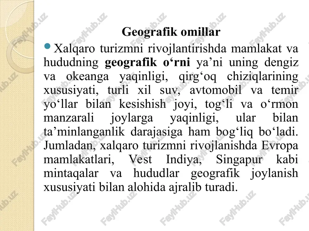rida suvning harorati, chuqurligi, suv to‘lqinlari, ko‘tarilishi, qaytishi, oqimlar, suvning shifobaxshligi, tozaligi, tiniqligi, dengiz suvi tagining relefi, suvdagi yirtqich qonxo‘r baliqlar (akula) va hayvonlarning bor-yo‘qligi h.k., qirg‘oq chiziqlarining tuzilishi, plyajlardagi qumlar va yotqiziqlarning sifati, rangi, shakllari. daryo va ko‘llar ham turizm resursi yoki boyligi bo‘lib xizmat qiladi. ular yer usti landshaftlarini yaratadi, mikroiqlim sharotini hosil qiladi, turistlar uchun baliq ovlash, suv sporti bilan shug‘ullanish, turistik markazlar, kurort maskanlarini toza ichimlik suvi bilan ta’minlash uchun xizmat qiladi. hozirgi kunda avstriya, shvetsariya, buyukbritaniya, vengriya, polsha kabi mamlakatlardagi daryo va ko‘l suv havzalari turizmning eng rivoj topgan turlari bo‘lib hisoblanadi. xalqaro turizmni rivojlantirishda o‘rmon boyliklarining roli ham anchagina. u turistlarning dam olishida, shart-sharoitlarni vujudga keltirishda, «tashqi dunyo»dan ajralgan holda, qisqa vaqtlarda yashashida muhim rol o‘ynaydi. o‘rmonlar toza havoni ishlab chiqaruvchi asosiy man’ba, salomatlikni qayta tiklovchi maskan, kurort hududlarida shovqinni qaytaruvchi asosiy vositalardan hisoblanadi. xorijiy sayyohlarni o‘ziga ko‘proq jalb qiluvchi omillardan biri - bu …