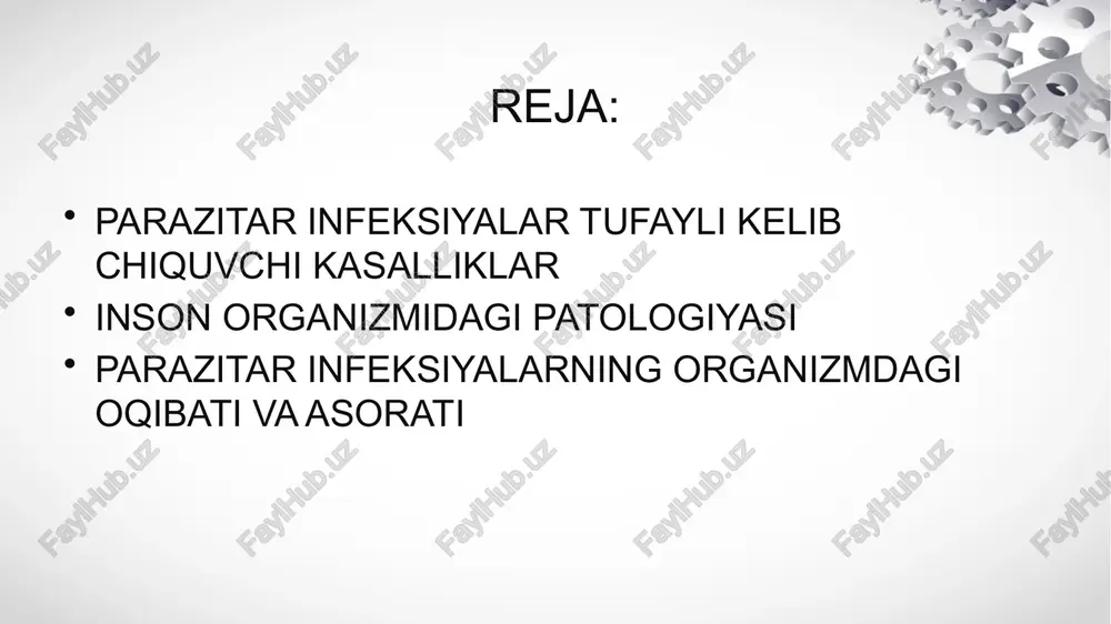 yak ko'migi, limfa tugunlari, teri osti to'qimalari, o'pka bo'ylab tarqalgan bo'lishi mumkin. buyraklar ko'pincha kattalashadi va to'pchalar pigment bilan, naychalar esa gemoglobin tsilindrlari bilan to'ladi. p. falciparum tomonidan chaqirilgan xavfli miya bezgagida miya qon tomirlari parazitlar bilan zararlangan qizil qon tanachalari bilan tiqilib qolgan, har bir hujayra bezgak pigmenti nuqtalariga ega. tomirlar atrofida aylanasimon qon quyilishlari bo'lib, ular dimlanish va fokal yallig'lanish reaktsiyasi (bezgak yoxud dürck granulyomalari) natijasidagi mahalliy gipoksiya bilan bog'liq. e’tiboringiz uchun rahmat! image3.png image4.png image2.jpeg /docprops/thumbnail.jpeg