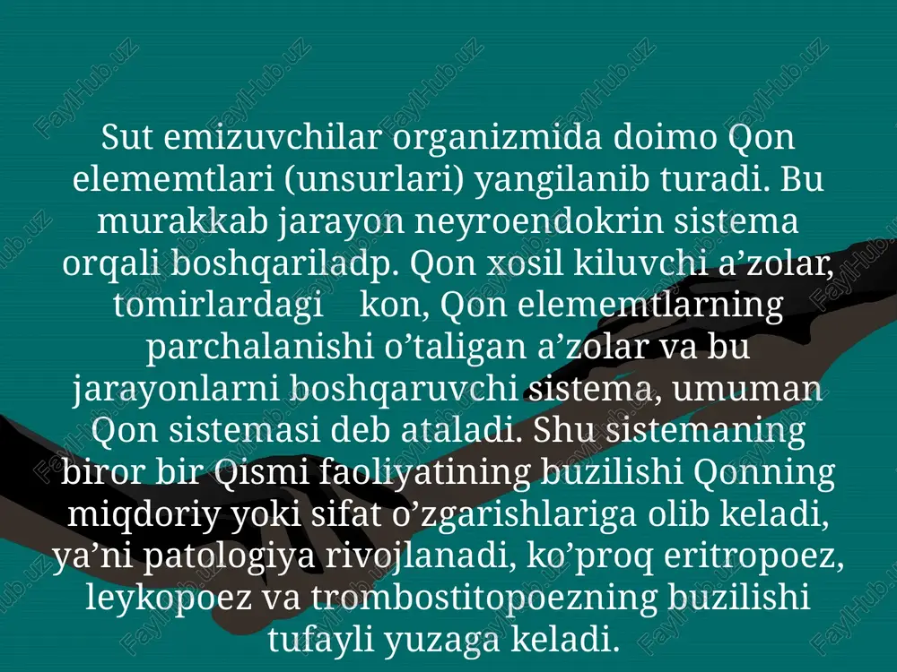 ’l bilan kiritishga moslangan preparatlari qo’llaniladi. fsrkoven tarkibidagi kobalt eritropoezni ragbatlantiradi. bu preperat ta’sirida yuzni qizarishi, ko’krakni qisilishi, bel ogrigi bo’lishi mumkin. ferumlek tarkibida 3 valentli temirning maltoza bilan birikmasi bor. leykopoezga ta’sir etuvchi vositalar. leykopoezni kuchaytiruvchi vositalar, leykopeniya va agronulostitozni davolashda qo’llaniladi. bu xastaliklar kimyoviy birikmalar (benzol, tetraetil qo’rg’oshin, pestistidlar va boshqalar) ko’ziqorinlar, qishlagan donlar, nur kasalligi, yuqumli kasalliklarda mikroblar zaharlari bilan zaharlanish (qorii tifi, gripp, sil) xavfli o’simliklarga qarshi qo’llaniladigan dorilar va boshqalar tasirida rivojlanadi. yuqoridagi omillar ta’sirida suyak ko’migida kon hosil qilishda qatnashuvchi xujayralar xalok bo’ladi va qon shaklli elementlarining sintezi kamayadi. trombotsitlar agregatsiyasi, qon ivishi va fibrinolizga ta’sir ko’rsatuvchi vositalar. organizmda gemostaz o’zaro funkstional bogliq ikki sistemaning, tromb hosil qiluvchi va uni erituvchi (fibrinolitik)larning muvofiq ishlashlariga bogliq. tomir jarohatlanganda qon oqish bilan birgalikda tomir torayadi, trombostitlar agregastiyasi va qonning ivishi kuchayib, tromb hosil bo’ladi va qonash to’xtaydi. yuqoridagi ikki tizimdan biriii buzilishi yo qonashning kuchayishiga, yoki …