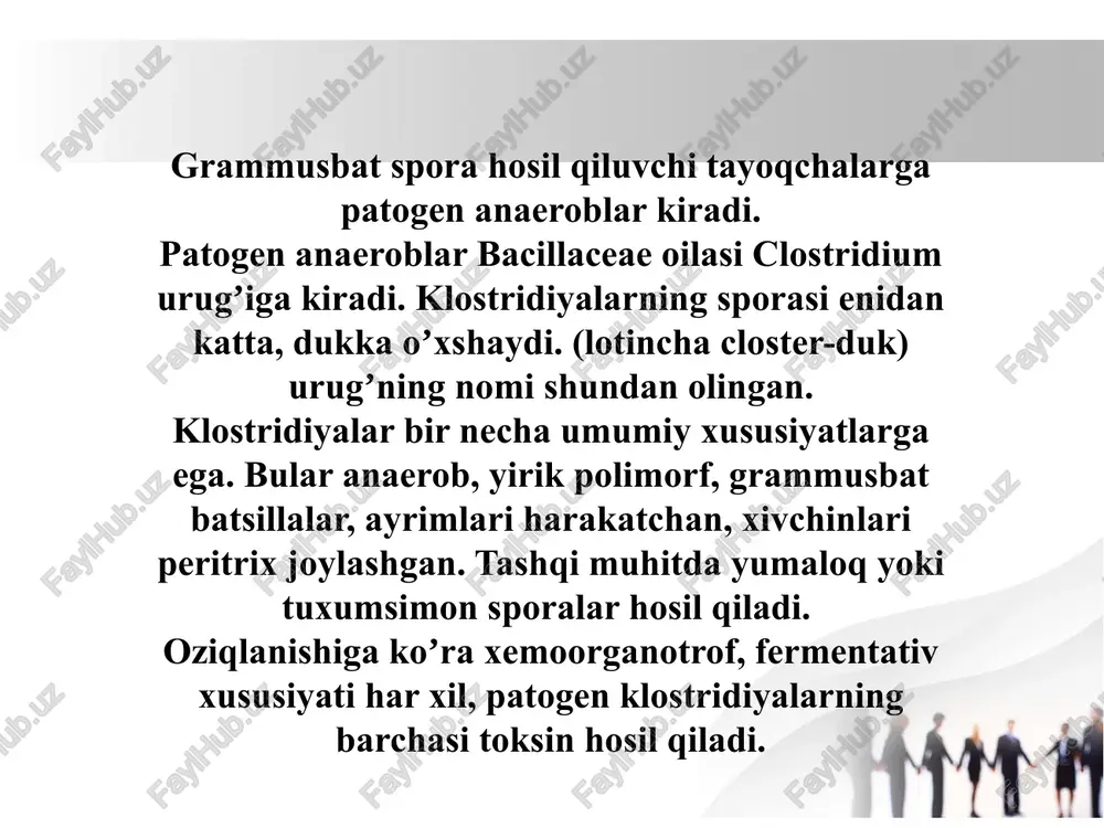 iiy sharoitda qoqshol bilan ot va qoramollar kasallanadi. ularning koʼpchiligi qoqshol qoʼzgʼatuvchisini tashib yuradilar. kasallikning odamlardagi patogenezi kasallik bakteriyasi ular najasi orqali tuproqqa tushib, spora holida koʼp yillargacha saqlanib turishi mumkin. kasallik sporalari teri yoki shilliq qavatga tuproq orqali tushadi. ekzotoksin qonga tushadi va qon orqali miyaning harakatlantiruvchi nerv markaziga taʼsir etadi. nerv sistemaning zararlanishi natijasida organizmdagi turli muskul guruhlarining tortishi roʼy beradi. koʼp hollarda klinik belgilari aniq boʼlganligi uchun laboratoriya tashhisi oʼtkazilmaydi. bakteriologik usul: maxsus oziq muhitlarga sof hosilani ajratib olish uchun ekiladi. biologik usul: biologik sinama oq sichqonning orqa oyogʼi muskuli orasiga yuboriladi. laboratoriya tashhisi davosi va profilaktikasi maxsus profilaktikasida qoqshol anatoksini qoʼllaniladi. reja boʼyicha akds va ads-m vaktsinalar 2,3,4,16 oylikda va 7, 16-17, 26, 46 yoshli bola va kattalarga qilinadi. yarali infektsiya qoʼzgʼatuvchilari anaerob infektsiya poliepidemiologik kasallik. uni cl.perfingens urugʼiga mansub qoʼzgʼatuvchilarning bir necha turlari qoʼzgʼatadi. yarali anaerob infektsiya qoʼzgʼatuvchilariga cl.perfingens, cl.novyi, cl.septicum, cl.difficile, cl.sordellii, cl.bifermentas, cl.fallax …
