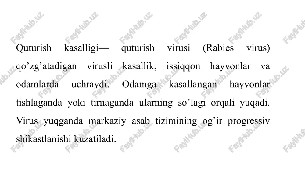 hni oldini olish uchun bir qator inyeksiyalar qilinadi. virus bilan kurashish uchun quturishga qarshiimmunoglobulin beriladi. u quturishga qarshi antitanalarni darhol ishlab chiqilishiga imkon beradi va virusning kirib borishini oldini oladi. shundan so’ng quturishga qarshi emlashni olish bu kasallikning oldini olishning kalitidir. vaktsinalar 14 kun davomida beshta inyeksiya ketma-ketligida beriladi. hayvonlarni nazorat qilish xizmati kishini tishlagan hayvonni tekshirish uchun uni izlab topishga harakat qiladi. hayvon quturmagan bo’lsa, kishi inektsiyalar olmasligi mumkin. biroq, hayvon topilmasa, eng xavfsiz harakat chorasi — bu davolash usullarini qo’llashdir. image1.png image2.png image3.png /docprops/thumbnail.jpeg
