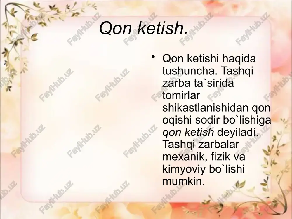 mlangan sochiq, ro`mol yoki muzli xaltacha qo`yish. 2. jarohatni zararsizlantirish. ochiq shikastlanishda qon oqishi to`xtagach, jarohat quyidagicha zararsizlantiriladi: avval toza sovuq suv bilan jarohat qo`l tekkizmasdan yuvilib, so`ngra antiseptik moddalar bilan yuviladi, atrofiga yod, spirt surtiladi, toza bog`lam bog`lanadi, lozim bo`lsa, taxtakach qo`yiladi. 3. bemor yotqiziladi, issiq choy, kofe, issiq ovqatlar ichiriladi. 4. yuqoridagi shoshilinch tibbiy yordam ko`rsatilgach, bemorni shifohonaga yuborish uchun tez yordam kelgunicha, quyidagi tibbiy yordam muolajalari o`tkazilishi mumkin: - qon oqishini to`xtatuvchi dorilar (vikasol, ditsinon, kalsiy glyukonat yoki kalsiy xlor va hokazo). - yurak va nafas olish faoliyatini yaxshilovchi dorilar (kofein, kordiamin, kamfora, adrenalin, eufillin) teri ostiga, muskul orasiga, qon tomiriga yuboriladi. - glyukoza 40% - 2,0 ml, askorbin kislota 5% - 2,0 ml vena tomiriga yuboriladi. burundan qon ketishi. sabablari. mahalliy o`zgarishlar (shikastlanish, tirnalish, burun to`sig`ida yara bo`lishi, shuningdek organizmning umumiy kasalliklari - qon kasalliklar, yurak-tomir, yuqumli kasalliklarda kuzatilishi mumkin. belgilari. burun teshigi orqali, qon tashqariga …