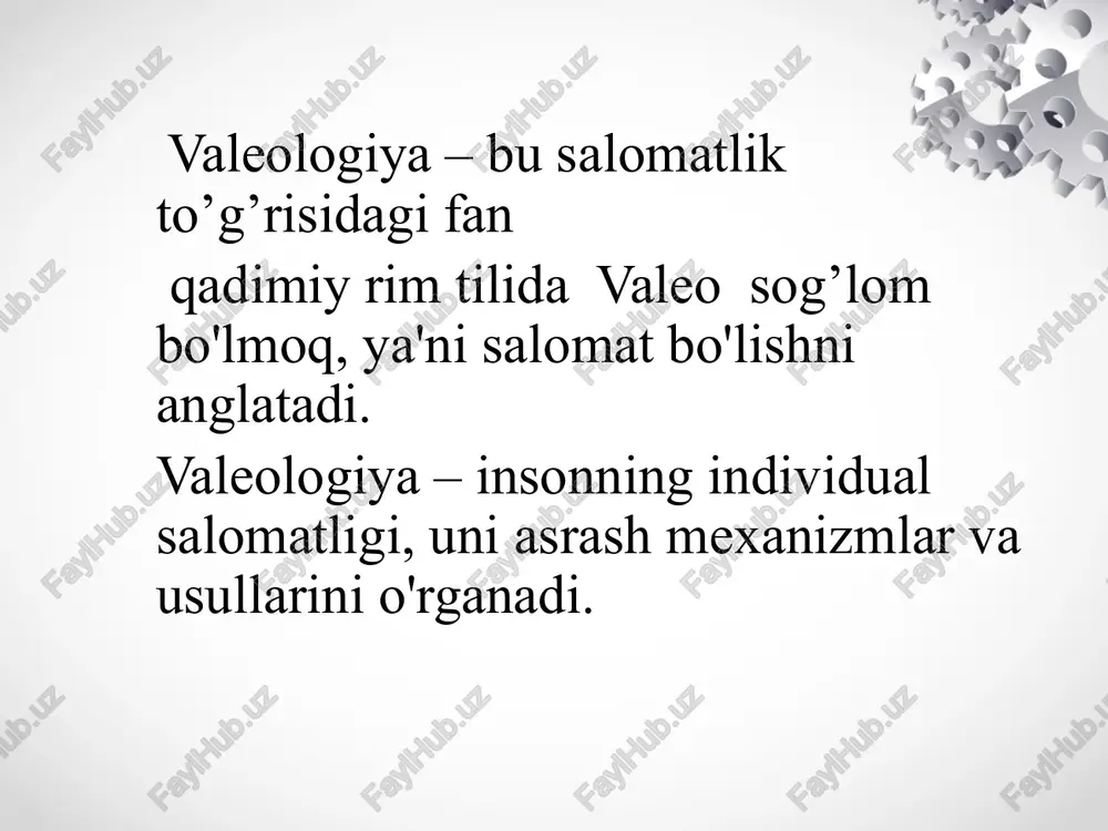 uqori xayot extimoli qoniqarli moslashuvchanlik imkoniyatlari cheklangan moslashuvchanlik imkoniyatlari qoniqarsiz tavsiyalar: turmush tarzining ijobiy me'yorlariga rioya etish maxsus sog’lomlashtirish dasturlari. davriy tekshiruvlar. birlamchi profilaktika va reabilitatsion dasturlar maxsus sog’lomlashtirish va reabilitatsion dasturlar ikkilamchi profilaktika. mutaxassis tekshiruvi. organizma yangi faoliyat darjasiga o'tkazish. organizmning rezerv imkoniyatlarini oshirish. sttni shakllantirishda individuallik individual sog’lomlashtirish dasturlari valeogenez – salomatlik mexanizmlarini o'rganish, turli kasalliklarni oldini olish, xayot sifati va davomiyligini oshirishga asoslangan. asosiy ko'rsatkichlaridan (mezonlardan) biri salomatlik darajasini oshirish (miqdor, indeks) xisoblanadi. donozologik tashxis –inson salomatlik darajasini miqdoriy baxolash organizmning regulyator tizim imkoniyatlari, atrof muqitga moslashuvchanlik darajasini aniqlash va odam salomatlik indeksini (darajasi) xisoblashga asoslangan. shunday qilib, umumiy qabul qilingan modeldan donozologik tashxis modeli farqi, insonning salomatlik darajasini baholovchi yangi tashxis printsipi yaratildi. shundan kelib chiqib, ikkita asosiy hisoblangan kasalliklarni davolash va oldini olish yo'nalishlariga sog'liqni saqlash tizimining uchinchi yo'nalishi – insonlarning va butun aholining salomatligini mustahkamlash va monitoringini olib borish qo'shiladi. respublikada sog'liqni saqlash tizimining …
