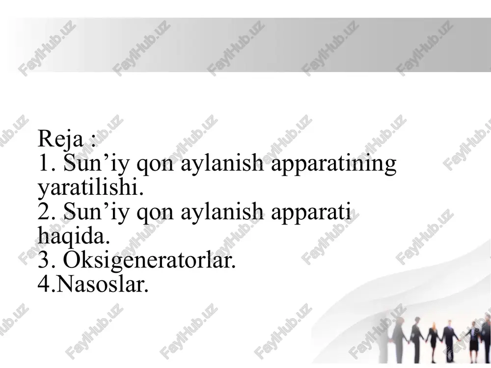 lar ekstrakorporal sistemasini tashkil qiladi – bu sistema apparatning sirkulyatorli konturi deyiladiki, bu orqali sun`iy qon aylanish vaqtida qon harakat qiladi. kardioxirurgiyada foydalaniladigan umumiy sqa quyidagi qismlardan iborat: 1-koronarli otsos; 2- monometr; 3-filtr tutqich; 4-issiqlik almashtirgich; 5-arterial nasos; 6-oksigenerator; 7- qabul qiluvchi tomir. oksigeneratorlar ikkita asosiy sinfga bo‘linadi: qon bilan kislorodning bevosita aloqasida amalga oshiriladigan gaz almashinuvidagi oksigeneratorlar, gaz o‘tadigan membranalar tomonidan qon va kislorod bo‘lingan joydagi oksigenatorlar. birinchi sinf oksigeneratorlari ikki tipga bo‘linadi: pufakli va plyonkali. ikkinchi sinf membranali oksigenatorlar bo‘lib hisoblanadi. nasoslar. sqa ga ikki asosiy sinfda ajratilgan nasoslar tatbiq qilinadi: klapanli va klapansiz. klapanli nasoslar, klapanlari ichkarida va klapanlari tashqaridaga nasoslarga bo‘linadi. klapanli nasoslarning ko‘proq xarakterli namoyandalari bo‘lib, membranali va kamerali nasoslar hisoblanadi. xulosa suniy qon aylanish aparati. sun'iy yurak oʻpka apparati — bemor organizmida yoki donorning ajratib olingan aʼzosida qon bir tekis aylanishini va bir meʼyorda moddalar almashinuvini taʼminlaydigan apparat.. birinchi sunʼiy qon aylanish apparati. avtojektor …