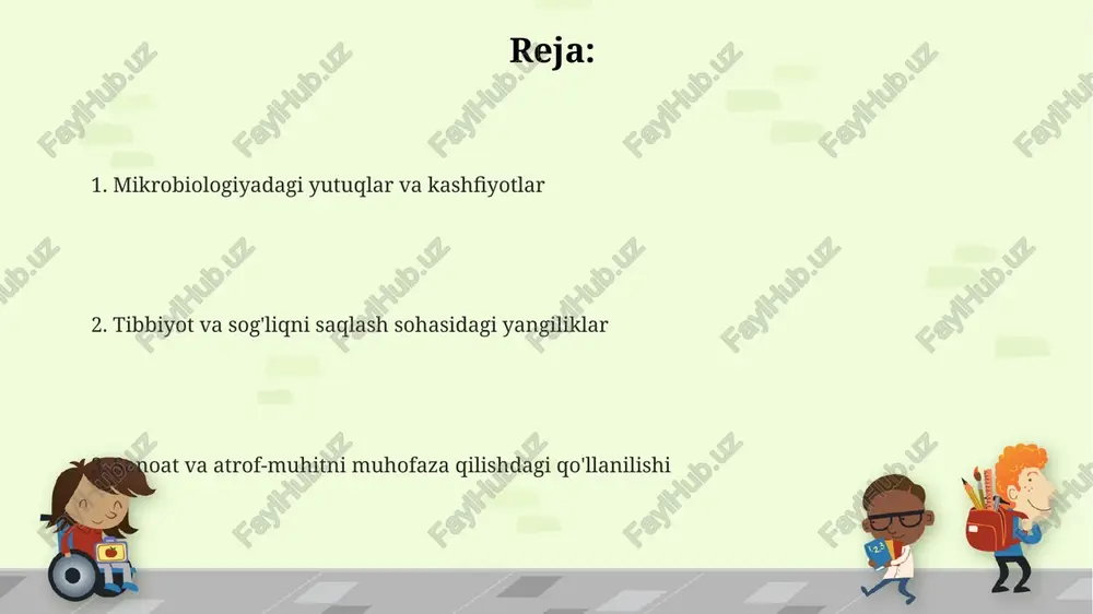 laniladi. sanoat mikrobiologiyasidagi yangiliklar bioplastiklarni ishlab chiqarishda bacillus shtammlaridan foydalanish 70% ga ko'paydi, bu neftga asoslangan plastmassalarga barqaror alternativani ta'minlaydi. genetik modifikatsiyalangan mikroorganizmlar yordamida bioyoqilg'i ishlab chiqarish 30% ga oshdi, bu global karbonat angidrid chiqindilarini kamaytirishga yordam beradi. oqova suvlarni tozalash uchun mikrobial konsorsiumlar texnologiyasi 45% ga yaxshilandi, og'ir metallar va organik ifloslantiruvchi moddalarni samarali yo'q qiladi. mikroblar dunyosini o'rganishdagi yangi texnologiyalar yuqori o'tkazuvchanlikdagi skrining (hts) usullari fermentlar va antibiotiklar kabi minglab birikmalarni tezkor ravishda tekshirishga imkon beradi, yangi antimikrobial vositalarni topishni tezlashtiradi. mikrofluidika texnologiyalari, masalan, tomchili mikroskopiya, bitta hujayralarni ajratish va tahlil qilish imkonini beradi, bu esa individual bakterial reaksiyalarni aniq o'lchashga yordam beradi. meta'genomikasi to'g'ridan-to'g'ri atrof-muhit namunalaridan dnkni ajratib olish orqali madaniyatsiz mikroorganizmlarni o'rganishga imkon beradi, bu esa mikrob xilma-xilligini yanada kengroq baholashga yordam beradi. kelajak istiqbollari va muammolar mikroorganizmlar asosidagi biotexnologik yechimlarning, masalan bioremediatsiya va bioenergiya ishlab chiqarishning keng joriy etilishi, 2040-yilga kelib atrof-muhit muammolarini sezilarli darajada …