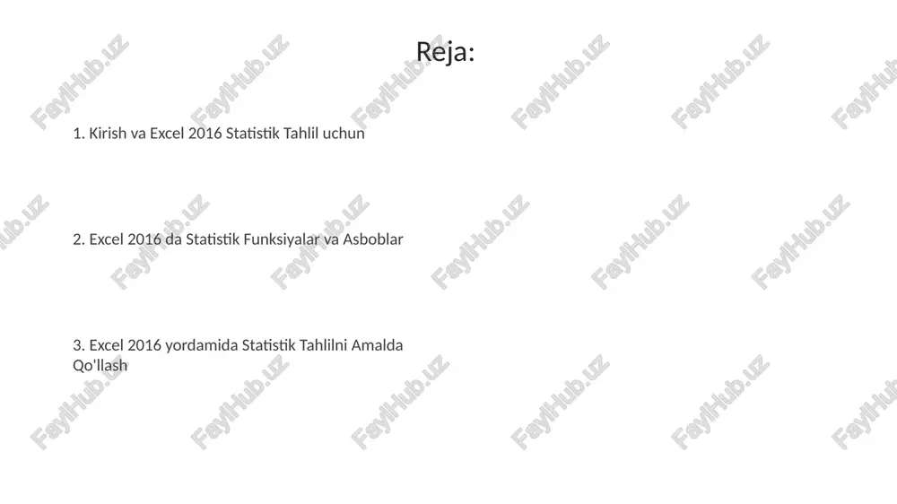 olaydi. excel 2016 da o'rtacha qiymatni taqqoslash uchun t-test natijalarini tahlil qiling: p-qiymat 0.05 dan kam bo'lsa, farq statistik jihatdan ahamiyatli deb hisoblanadi va gipoteza rad etiladi. e'tiboringiz uchun rahmat @taqdimot_robot image1.jpeg image2.jpeg