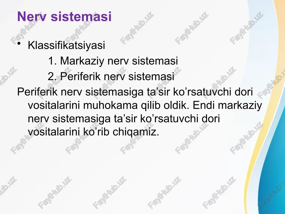 nadi. fenazepam (nozepam) yuqori darajada anksioleptik ta’sirga ega. (eng kuchlisi). salbiy ta’sirlari ham ko’proq. tazepam mushaklar tortishganda , tendovaginit, miozitlarda qo’llaniladi. mazepam kunduzgi trankvilizator deb ataladi, chunki kunduzi qo’llansa ham mehnat faoliyati o’zgarmaydi kimyoviy tuzilishi boshqacha trankvilizatorlar meprotan – tinchlantiruvchi, mushaklarni bo’shashtiruvchi, talvasaga qarshi ta’sir ko’rsatadi. amizil- anksiolitik, tinchlantiruvchi xususiyatga ega. psixonevrozlarda qo’llaniladi. trioksazin – o’rtacha anksiolitik xususiyatga ega, kayfiyatni ko’taradi, uxlatuvchi, mushaklarni bo’shashtiruvchi ta’sirga ega. natriy bromid bromidlar asosan og’iz orqali yuboriladi. davomli qo’llanganda, bromidlar organizmda to’planib qolishi natijasida “bromizm” holati yuz beradi. davolash uchun katta miqdorda xloridlar(10-90 gr) bilan suv qo’llaniladi(3-5 litr). tinctura valyerianae valeriana nastoykasi valeriana o’q ildizidan tayyorlanadi. ayniqsa, yurak nevrozida yuqori ta’sir ko’rsatadi. tinctura leonure cardiaca arslonquyrug’ (leonuri) o’tidan tayyorlangan nastoyka markaziy nerv sistemasini tinchlantiradi. ta’siri valerianaga o’xshash. e’tiboringiz uchun tashakkur image1.jpeg image3.wmf image4.jpeg image5.jpeg image6.jpeg image7.jpeg image8.png image9.jpeg image10.jpeg image11.jpeg image12.png image13.jpeg image14.jpeg image2.jpeg n h n o 1 2 3 4 5 a …