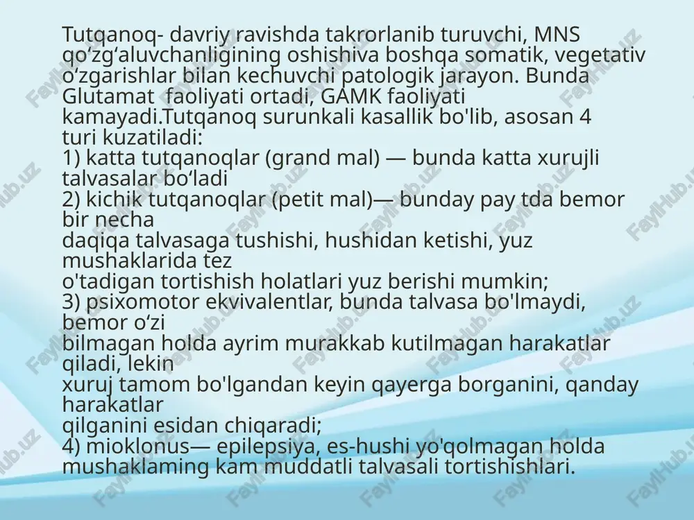 ortiradi, ach kamaytiradi. noxush holatlar: 1- haftalarida uyquchanlik, muskullarning boʻshashishi, keyinchalik bu asoratlar yoʻqoladi, ba'zida terida toshmalar, jigarda, buyrakda oʻzgarishlar, gapirish qqiyinlashadi. geksamidin kimyoviy jihatdan fenobarbitolga oʻxshash,uxlatish xususiyatiga ega emas. geksamidin 20% fenobarbitolga aylanadi- katta tutqanoqda qoʻllaniladi, kichik tutqanoqqa tasir koʻrsatmaydi, bolalarda kichik talvasali xurujlarni tez. nojoʻya ta'sirlari: bosh ogʻrigʻi koʻngil aynishi, qusish koʻrishning oʻzgarishi ruhiy oʻzgarishlar leykopeniya qoʻllash mumkin boʻlmagan holatlar: jigar, buyrak, qon kasallilarida benzonal fenobarbitol molekulasini oʻzg modda, tez metabolizm- fenobarbitol. uxlatuvchi xususiyati kamroq, tutqanoqning har xil turlarida qoʻllaniladi qoʻllaniladi: giperbilirubinemiya, chaqaloqda gemolitik anemiya davolashda qollaniladi nojoʻya tasirlari: kamroq qoʻllash man etiladigan holatlar: jigar, buyrak kasallik, yurak qon tomir yetishmovchiligida difenin katta tutqanoqlarda qoʻllanadi giperkinezlar (tirishishni) kamaytiradi, natriy ionlari oʻtishiga toʻsqinlik qiladi glyukokortikoidlar hosil boʻlishini kamaytiradi oshqozon ichak shilliq qavatini ta'sirlash xususiyatiga ega nojoʻya ta'sirlari: oyoq qoʻllar qaltirashi koʻz ogʻrishi bezovtalik uyqusizlik yoki uyquchanlik milklar shishib ketishi leykositoz megablostik anemiya qoʻllash man etiladi: yuqoridagi holatlar kuzatilganda jigar …
