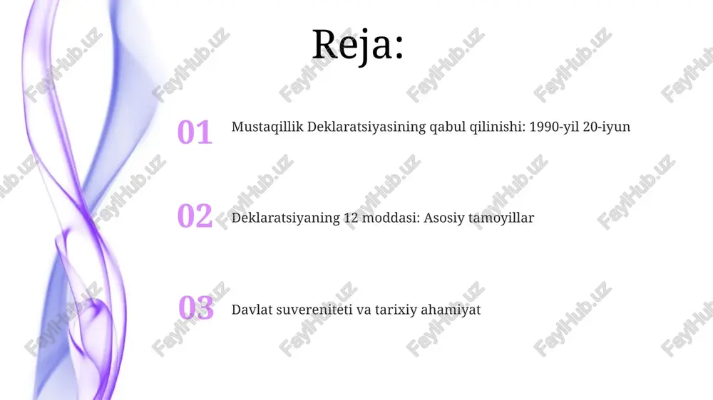 mustaqil bo'lish huquqi e'lon qilingan. davlat suvereniteti: mustaqillikning asosi davlat suvereniteti, 1990-yilgi deklaratsiyada asosiy tamoyil boʻlib, oʻzbekiston ssrning oʻz hududida cheklanmagan hokimiyatga ega ekanligini anglatadi, bu 12 moddadan kelib chiqadi. iqtisodiy suverenitet, davlatning oʻz tabiiy resurslarini, masalan, oltin va paxtani mustaqil boshqarish huquqini kafolatlaydi, bu esa milliy boylikni oshirishga yoʻnaltirilgan muhim huquqdir. siyosiy suverenitet, oʻzbekistonning ichki va tashqi siyosatini mustaqil ravishda belgilash imkonini beradi, shu jumladan, xalqaro tashkilotlarga aʼzo boʻlish va boshqa davlatlar bilan aloqa oʻrnatish huquqi ham kiradi. deklaratsiyaning oʻzbekiston tarixidagi oʻrni 12 moddadan iborat hujjat oʻzbekiston ssr hududida respublika konstitutsiyasi va qonunlarining ustuvorligini eʼlon qilib, moskvadan siyosiy avtonomiyani mustahkamladi. deklaratsiya oʻzbekiston ssr oliy kengashi tomonidan 1990-yil 20-iyunda qabul qilingan boʻlib, respublikaning mustaqillikka erishish yoʻlidagi birinchi muhim qadam edi. ushbu deklaratsiya respublikaning davlat suverenitetini eʼlon qilib, oʻzbekiston xalqining oʻz taqdirini oʻzi belgilash huquqini mustahkamladi, bu esa mustaqillikning eʼlon qilinishiga olib keldi. mustaqillik deklaratsiyasining merosi va kelajak avlodlar uchun saboqlari …