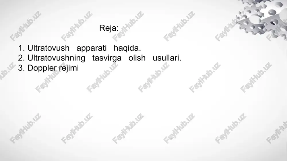 masofani ikkiga boʻlish orqali aniqlash mumkin (chunki ultratovush nuri bu yoʻldan ikki marta oʻtadi). ultratovush tezligiga puls qaytish vaqtini aniqlash mumkin. b-rejimi (inglizcha brightness). texnika real vaqtda anatomik tuzilmalarning ikki oʻlchamli kulrang tomografik tasvirlari koʻrinishida maʼlumot beradi, bu ularning morfologik holatini baholash imkonini beradi. ikki o’lchamli skanerlash yoki ikki o’lchamli akustik tasvir olish usuli bo’lib , ultratovush nurini tekshirilayotgan tekislikda ketma – ket siljitish ( skanerlash ) orqali biologik to’qimalarga yo’naltiriladi va qatlamlar nojinsliklaridan aks qaytgan signallar qabul qilinadi. qabul qilingan signallar to’plami ultratovush o’tgan barcha to’qimalarni ekranda ikki o’lchamli akustik tasvirni tuzishga imkon beradi. shu yo’l bilan olingan ikki o’lchamli tasvir v – ehogramma deyiladi. m-rejimi (inglizcha motion). texnika bir oʻlchamli tasvir shaklida maʼlumot beradi, ikkinchi koordinata vaqtinchalik bilan almashtiriladi. datchikdan joylashgan tuzilishgacha boʻlgan masofa vertikal oʻq boʻylab, vaqt esa gorizontal oʻq boʻylab chiziladi. ushbu rejim asosan yurakni tekshirish uchun ishlatiladi. yurak tuzilmalari harakatining amplitudasi va tezligini aks ettiruvchi …