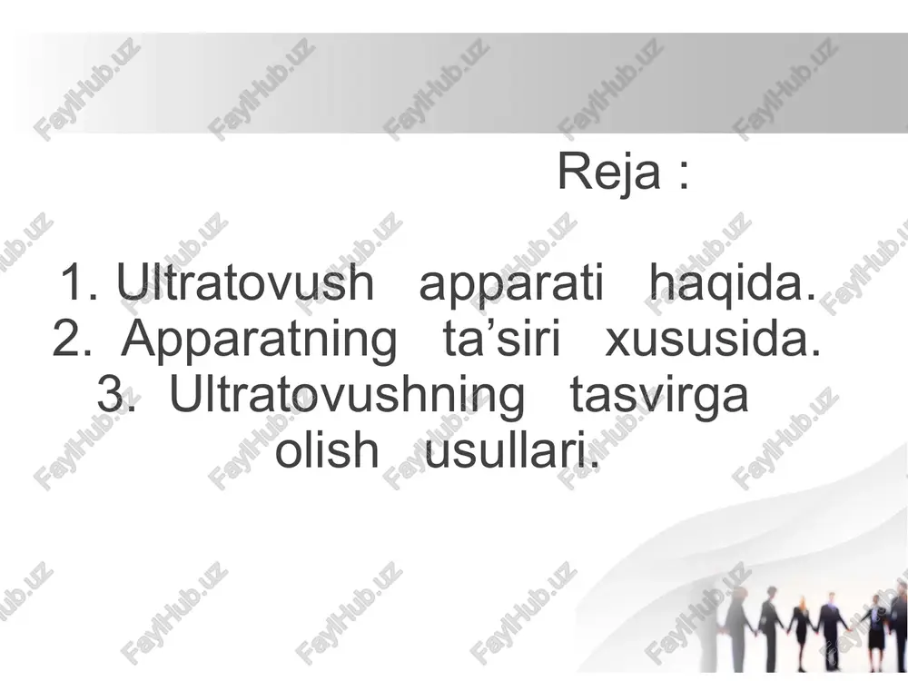 i yuzaga chiqadi. ultratovush ma ‘lum dozada og’riqsizlantiruvchi , so’ruvchi , yallig’lanishga qarshi , splazmolitik , firionolitik , qonni suyultiruvchi ta’sir qiladi. ultratovushli diagnostika laboratoriyasi. ultratovush to’lqinlari tananing turli tuzilmalaridan aks etadigan qobiliyatiga asoslangan ichki organlarni o’rganish uchun minimal invaziv usuldir. foydalari : - radiatsiya ta ‘sirining yo’qligi ; - xavfsizlik ; - yuqori axborotliligi ; - kasallikning dastlabki bosqichlarida diagnostika ; - bemorning ahvolini dinamikada nazorat qilish ; - tadqiqotlarning cheksiz soni. maqsad va vazifalar : - qorin parda orti sohasi , qorin bo’shlig’i va o’simta va yumshoq to’qimalar kasalliklarini o’smaga xos va xos emasligini barvaqt tashxis qilinishi ; - ichki a’zolarni , yumshoq to’qimalar va qon tomirlarining holatini baholash ; - patologik jarayonning rivojlanish dinamikasini o’z vaqtida baholash ; - jarrohlik aralashuvi uchun patologik maydonni o’rganish ; - o’tkazilgan da’vo samaradorligini baholash ; - asoratlarni oldini olish ; ultratovush priborini ishlash sxemasi.. elektron qurilmada hosil qilingan elektr impulslari …