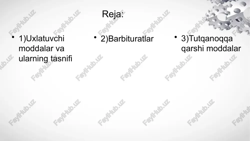 a’sir mexanizmi quyidagilardan iborat: moddalar retikulyar formatsiyaning miya po‘stlog‘iga bo'ladigan faollashtiruvchi ta’sirini kamaytirib, tinchlantiradi. miya po‘stlog‘iga yo'l olgan tonik impulslar yetib bormasdan, po'stloq faolligi susayadi, uyqu keladi. barbituratlar gamk faolligini oshirishi tufayli qo'zg'alish jarayonlari cheklanadi, faollovchi mediatorlar (serotonin, katexolaminlar)ning ajralishi kamayadi. barbituratlar barbituratlar og’iz orqali yuborilganda, oshqozon-ichakdan yaxshi so’riladi. bir qismi plazmadagi oqsillar bilan bir qator birikmalar hosil qiladi, birikmagan qismi miyaga o’tib, farmakologik ta’sir ko’rsatadi. jigarda barbituratlar biotransformatsiyaga uchraydi. masalan, jigari sog’lomlarda fenobarbital konsentratsiyasi 24 soatda 60-70%, gepatitga 7,5% kamayadi. ta’sir muddatining davomliligi bo'yicha barbituratlar 2 guruhga bo'linadi: o'rta (etaminal natriy), davomli (fenobarbital,barbital natriy) ta’sir etuvchi moddalar. o'rta ta’sir etuvchi moddalar jigarda o'zgarib boradi, bir qismi esa o'zgarmasdan buyrakdan chiqib ketadi. uzoq muddat ta ’sir etuvchi moddalar jigarda saqlanib zararsizlanadi, ko'p miqdorda o'zgarmasdan organizmdan (30-50%) chiqib ketadi. barbituratlar uyqudan keyin ertasiga salbiy ta’sirlar keltirib chiqaradi: bo'shashish, uyqubosish, ish qobiliyatining pasayishi kabi holatlar yuz beradi. agar moddalar bir necha kun …