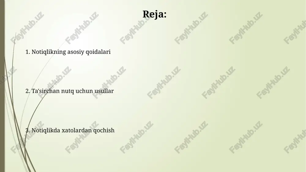 tiya, 25% esa, umumiy qadriyatlarni aks ettirish orqali amalga oshiriladi. ehtiros va qiziqish ehtiros va qiziqish, notiqning 75% muvaffaqiyatini ta'minlaydi, chunki ular tinglovchilarni jalb qilish va xabarni ishonchli yetkazish uchun zarur. 3 daqiqa davomida ehtirosli nutq so'zlash tinglovchilarda 2 barobar ko'proq taassurot qoldiradi, chunki hissiyotlar xotirada chuqurroq iz qoldiradi. auditoriyani tushunish auditoriyani 70/30 qoidasiga muvofiq tahlil qiling, ularning bilim darajasi, qiziqishlari va e'tiqodlarini aniqlash uchun 3 asosiy so'rov usulidan foydalaning. auditoriyaning demografik ko'rsatkichlari (yosh, jinsi, ta'lim) va psixografik xususiyatlari (qadriyatlari, turmush tarzi) kabi 2 asosiy qismini hisobga oling. ohang va talaffuz ohang tinglovchiga ta'sir o'tkazishda muhim, nutqning 70% dan ortig'i ohang orqali yetkaziladi, shuning uchun uning me'yori juda ahamiyatlidir. talaffuzda 30 dan ortiq harflarning to'g'ri aytilishi, unlilar va undoshlarning farqini aniq talaffuz qilish, nutq ravonligini ta'minlaydi. tana tili va imo-ishoralar tana tili 55% gacha bo'lgan aloqa samaradorligini ta'minlaydi, bunda imo-ishoralar nutqni to'ldirib, tinglovchilarga ma'noni tushunishga yordam beradi. ko'z bilan aloqa …