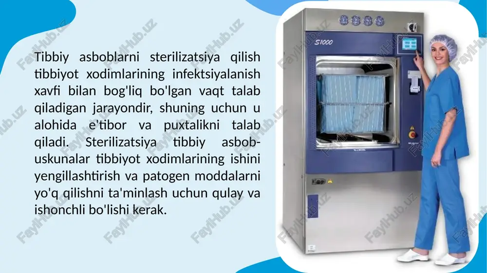 sh evropada ham, rossiyaning yetakchi markazlarida ham uzoq vaqt davomida qo'llanilmagan. hozirgi vaqtda bu usul faqat dori vositalarida malham va suspenziyalarni sterilizatsiya qilish uchun qo'llaniladi. tibbiyot muassasalarida tibbiy asboblarni sterilizatsiya qilish - murakkab ko'p bosqichli jarayon bo'lib, uning har bir bosqichi butun protsedura sifatini belgilaydi: mahsulotlarni to'g'ridan-to'g'ri ishlatish joyida oldindan dezinfeksiya qilish va qayta ishlash; mahsulotlarni sterilizatsiya qilishdan oldin tozalash; sterilizatsiya uchun qadoqlash; to'g'ridan-to'g'ri sterilizatsiya; sterillangan mahsulotlarni saqlash va ulardan foydalanish joylariga tashish. avtoklavlash suvning qaynash nuqtasidan yuqori haroratda amalga oshiriladi. bu sterilizatsiya qilishning eng ishonchli va keng tarqalgan usuli hisoblanadi. uning samaradorligi bug 'va yuqori haroratning birgalikdagi ta'siriga bog'liq. past haroratlarda asboblarni qisqa ishlov berish davri. oddiy sterilizatsiya yuqori haroratga chidamsiz bo'lgan mahsulotlarga (mato, plastmassa) ta'sir qilishi mumkin. avtoklavlash har xil turdagi upakovkalardagi (oddiy, qalin)mahsulotlarda amalga oshirilishi mumkin. parlik sterilizatsiyaning afzalliklari tibbiy avtoklav - bu tibbiy asboblarni sterilizatsiya qilish uchun ishlatiladigan maxsus qurilma. bunday qurilma yordamida ichkarida harorat va …