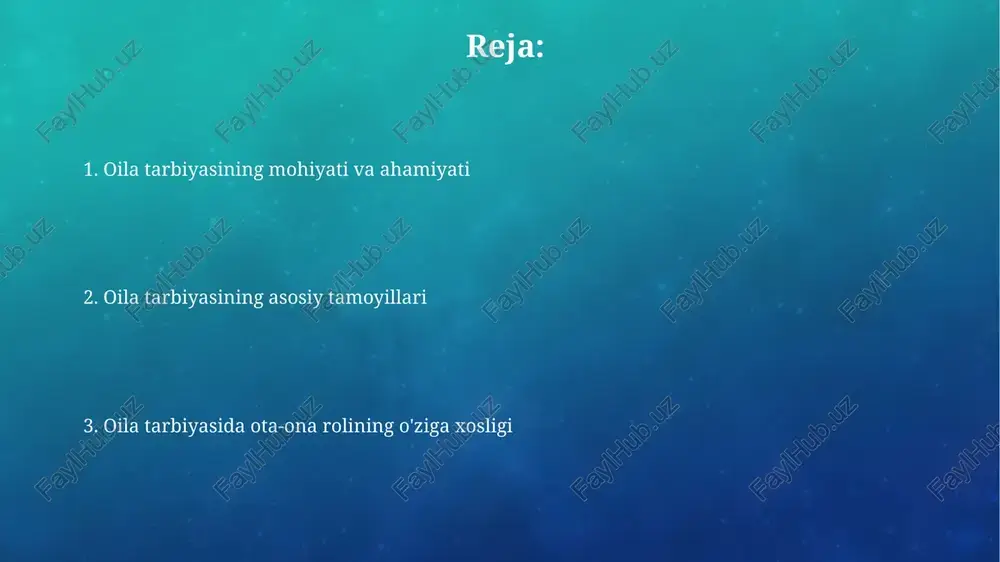 ortiq hollarda, ota-onalarning o'zaro hurmatiga bog'liq bo'lib, bu bolalarning ruhiy barqarorligiga ta'sir etadi. o'zbek oilalarida 3 avlodning birgalikda yashashi kuzatiladi, bunda an'anaviy qadriyatlar 75% hollarda avlodlar o'rtasidagi munosabatlarni shakllantiradi. bolalar tarbiyasida oilaning o'rni oila, bolaning shaxsiyatini shakllantiruvchi birinchi ijtimoiy institutdir, uning aqliy, axloqiy va jismoniy rivojlanishida 70-80% gacha muhim rol o'ynaydi. oilaviy muhit bolaning kelajakdagi hayotida muvaffaqiyatga erishishi uchun zarur bo'lgan asosiy ko'nikmalarni, masalan, muloqot, hamkorlik va 9 dan 12 yoshgacha bo'lgan davrda o'rgatadi. oila muhitining bolaga ta'siri oila muhiti bolaning ijtimoiy-emotsional rivojlanishiga katta ta'sir ko'rsatadi; masalan, 7 yoshgacha bo'lgan davrda, ota-onaning mehr-muhabbati uning shaxsiy xususiyatlarini shakllantiradi. oila a'zolarining o'zaro munosabatlari bolaning xulq-atvoriga bevosita ta'sir qiladi; misol uchun, 5 yoshli bolaning agressivligi oiladagi zo'ravonlik bilan bog'liq bo'lishi mumkin. oila ta'limida milliy qadriyatlar oila ta'limida 'mehr-oqibat' tushunchasi muhim, bu avloddan avlodga o'tib, 7 yoshdan boshlab bolalarga oila a'zolariga g'amxo'rlik qilishni o'rgatadi. milliy qadriyatlarga ko'ra, 12 imom avlodlari hurmat qilinadi, bu esa …