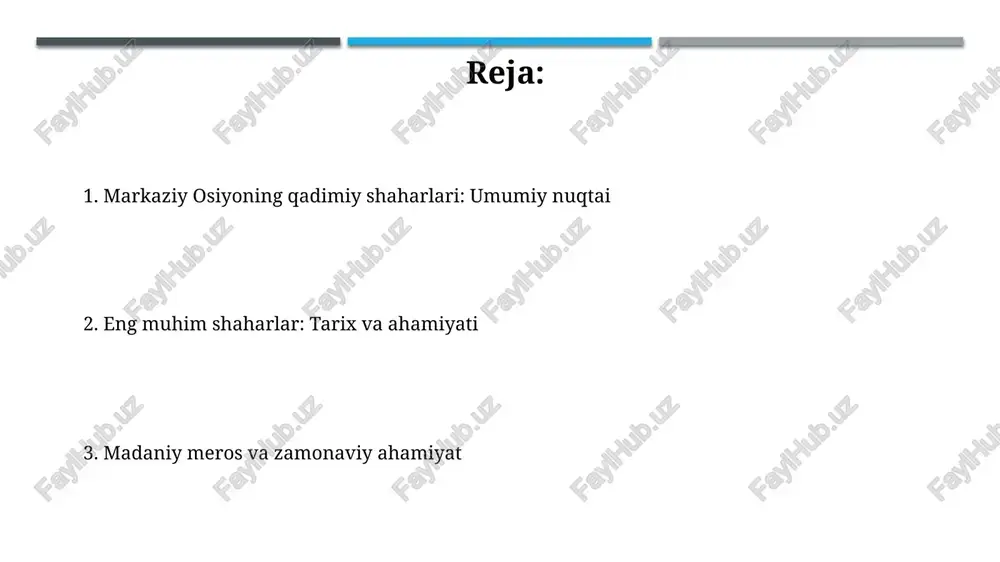 asida joylashgan boʻlib, 12-asrda dunyodagi eng katta shaharlardan biri hisoblangan, aholisi 200 mingdan ortiq boʻlgan. qadimiy mervning asosiy qismi beshta oʻzgaruvchan shahardan iborat: erk-kala, gyaur-kala, sulton-kala, abdulla-xon-kala va bayramali-xon-kala, har biri oʻz tarixiy davriga ega. termiz: buddistlar va savdogarlar chorrahasi termiz, 1-3 asrlarda kushon imperiyasining muhim markazi bo'lib, buddist monastirlari fayoztepa va qoratepa kabi yirik savdo yo'llarida joylashgan edi. milodiy 9-12 asrlarda termiz buyuk ipak yo'lida gullab-yashnagan shahar bo'lib, islomiy ta'siri kuchaygan davrda ham buddist merosini saqlab qoldi. ko'hna urganch: xorazmshohlarning poytaxti ko'hna urganch 12-asrda xorazmshohlar davlatining poytaxti bo'lgan va o'zining gullagan davrida markaziy osiyoning eng yirik shaharlaridan biri bo'lgan, aholisi juda ko'p edi. turkmanistonning shimolida joylashgan ko'hna urganch unesconing jahon merosi ro'yxatiga kiritilgan bo'lib, unda 11-16-asrlarga oid me'moriy yodgorliklar, jumladan, minoralar va maqbaralar mavjud. shahrisabz: amir temurning tug'ilgan joyi shahrisabz, amir temurning tug'ilgan joyi sifatida, 1336-yilda kesh shahrida dunyoga kelgan. bu uning kelajakdagi imperiyasining markaziga aylanishiga sabab bo'ldi. oq …